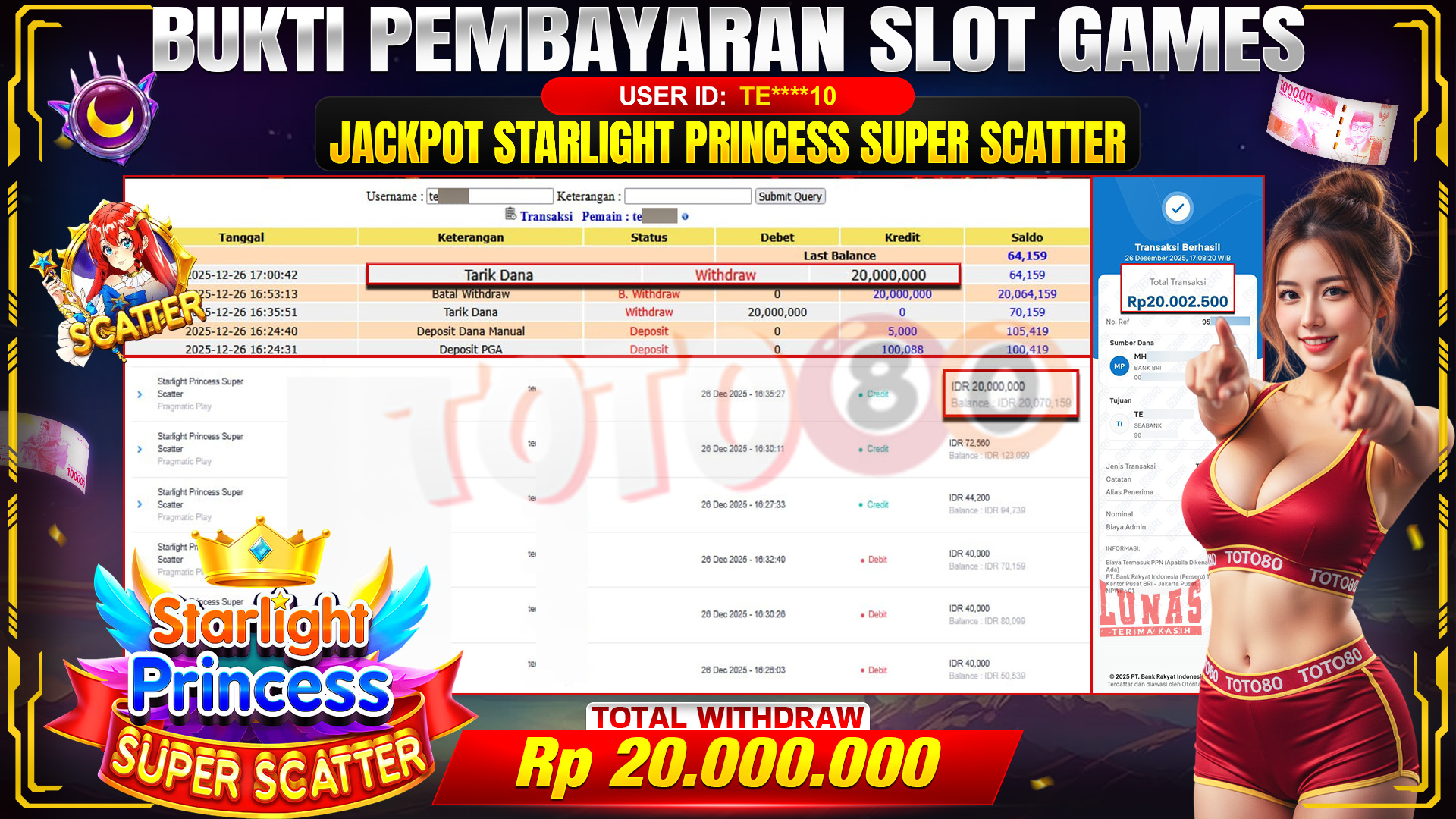 🎉 TOTO80 – JACKPOT SLOT STARLIGHT PRINCESS SUPER SCATTER RP. 20,000,000,- TELAH DIBAYARKAN! 🎉