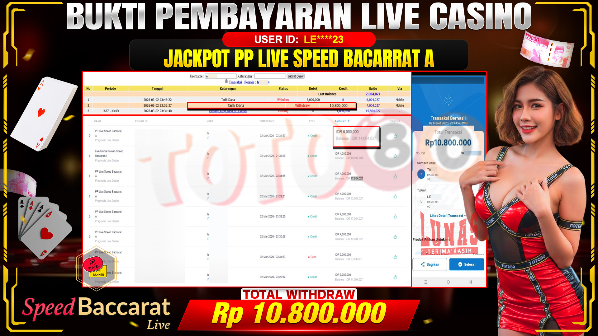 🎉 TOTO80 – JACKPOT PP LIVE SPEED BACARRAT A RP. 10,800,000,- TELAH DIBAYARKAN! 🎉