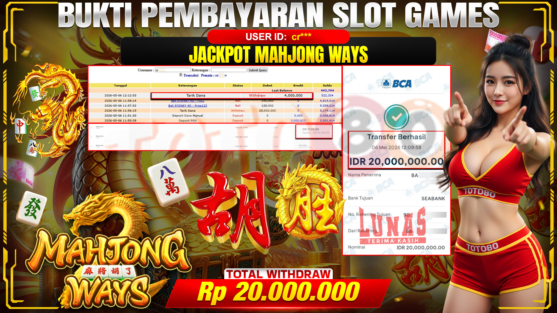 💰🎉 TOTO80 – JACKPOT SLOT MAHJONG WAYS RP. 20,000,000,- TELAH DIBAYARKAN!💰🎉