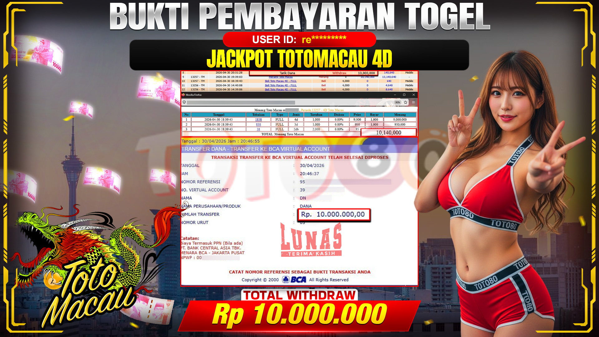 💰🎉 TOTO80 – JACKPOT TOGEL TOTO MACAU 4D RP. 10,000,000,- TELAH DIBAYARKAN!💰🎉