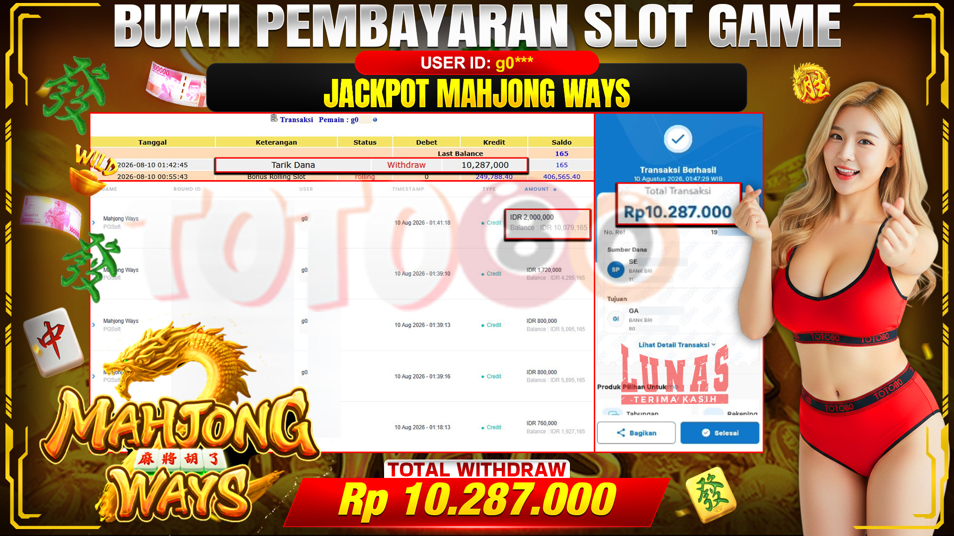 💰🎉 TOTO80 – JACKPOT SLOT MAHJONG  WAYS  RP. 10,287,000,-  TELAH DIBAYARKAN!💰🎉