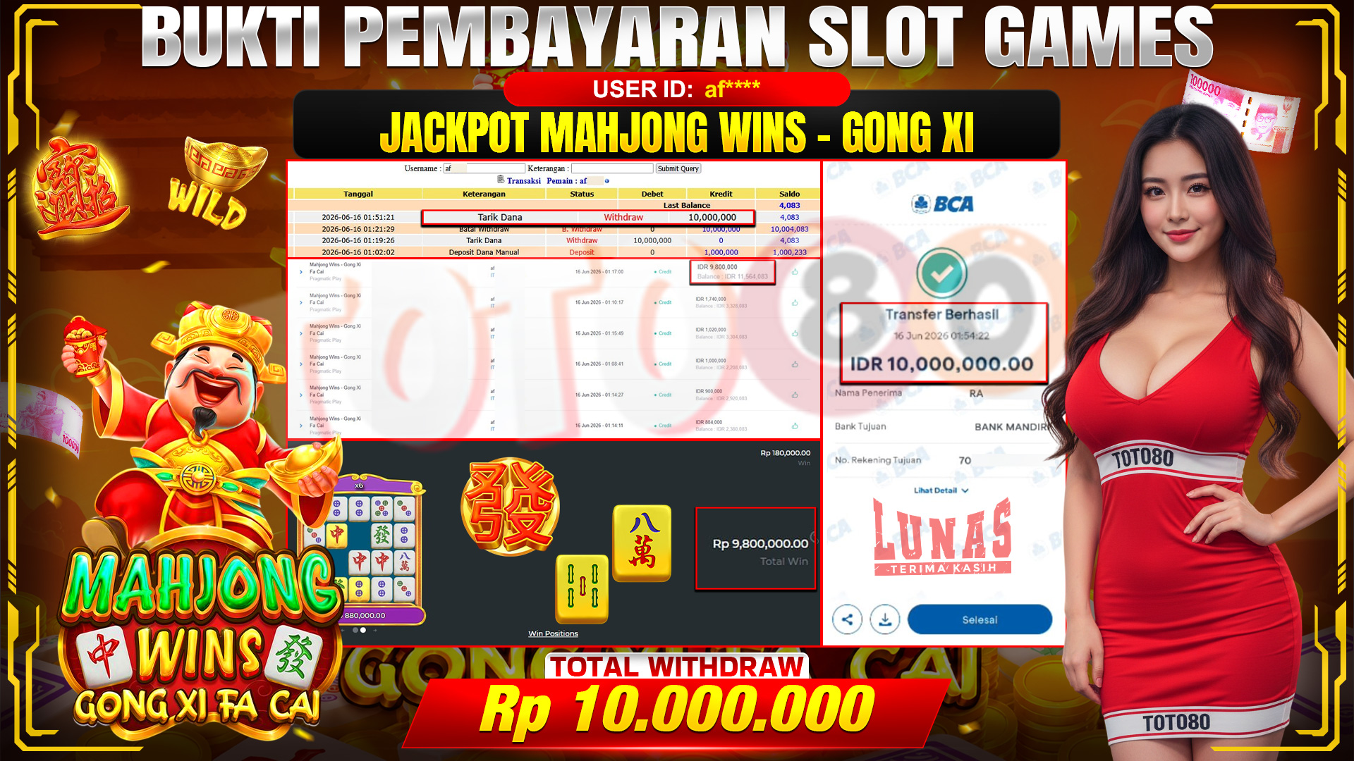 💰🎉 TOTO80 – JACKPOT SLOT MAHJONG WINS GONG XI FA CAI RP. 10,000,000,- TELAH DIBAYARKAN! 💰🎉