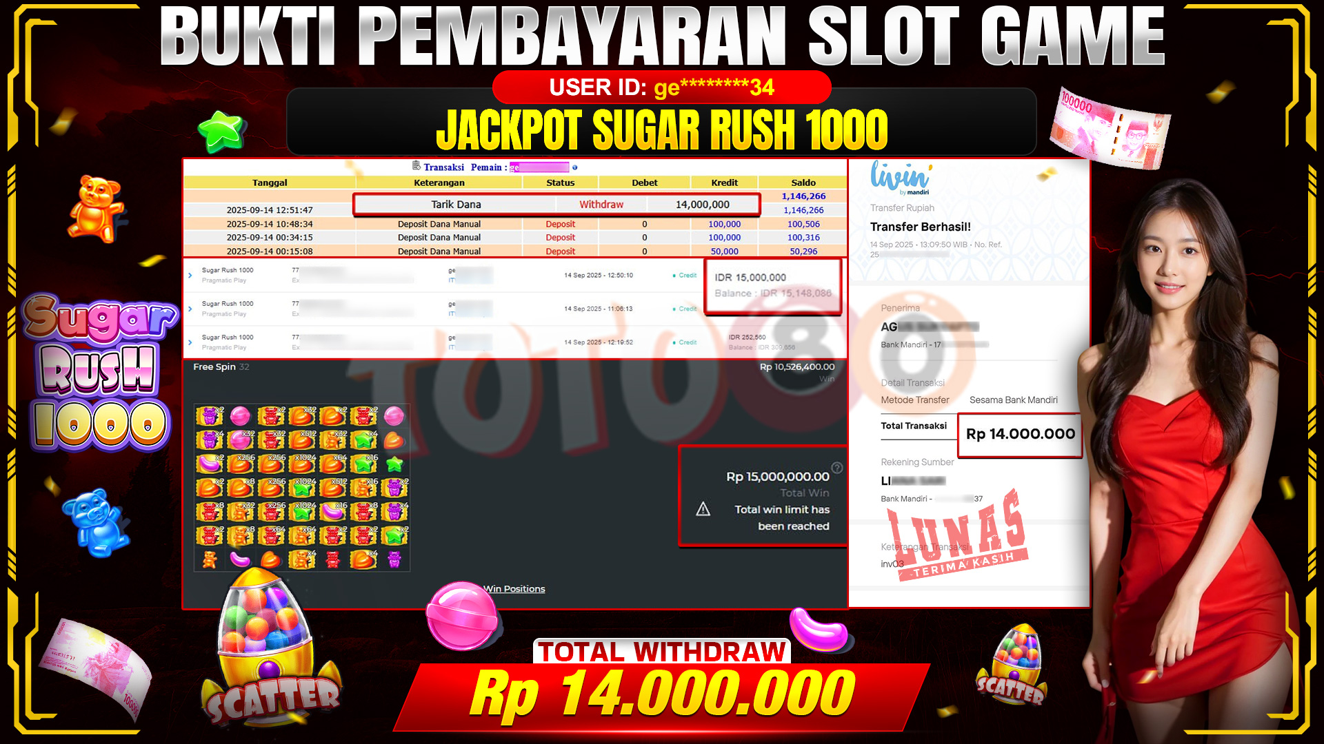 🎉 TOTO80 – JACKPOT SLOT SUGAR RUSH 1000 RP.14,000,000,- TELAH DIBAYARKAN! 🎉