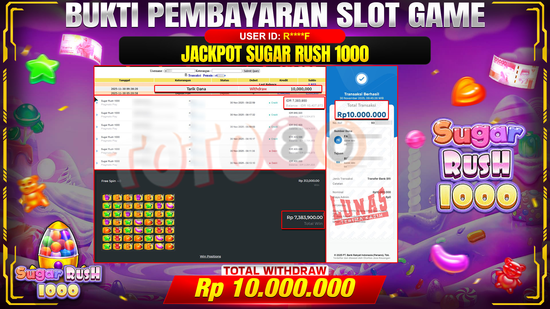 🎉 TOTO80 – JACKPOT SLOT SUGAR RUSH 1000 RP.10.000.000,- TELAH DIBAYARKAN! 🎉