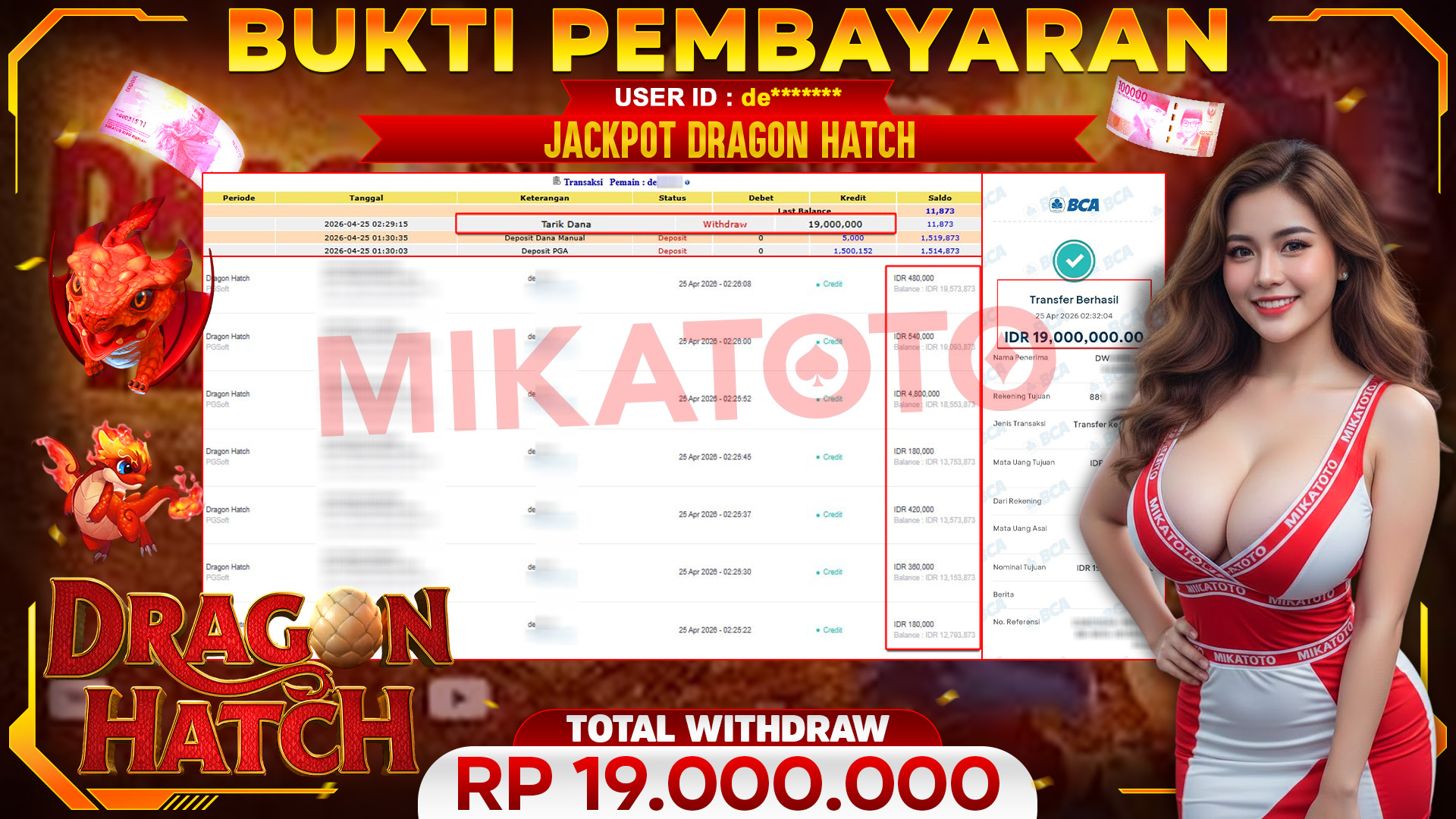 🏆 SELAMAT KEPADA PEMENANG JACKPOT DI Dragon Hatch - PGSoft 19,000,000🏆