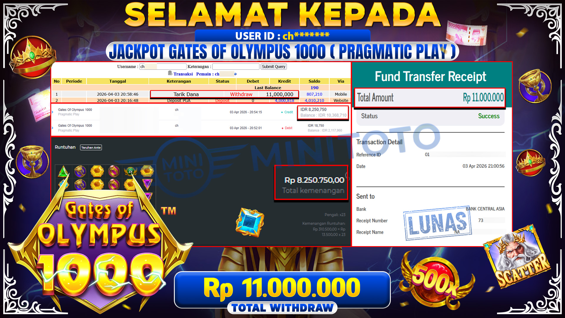 BUKTI JACPOT Gates Of Olympus 1000 - Pragmatic Play