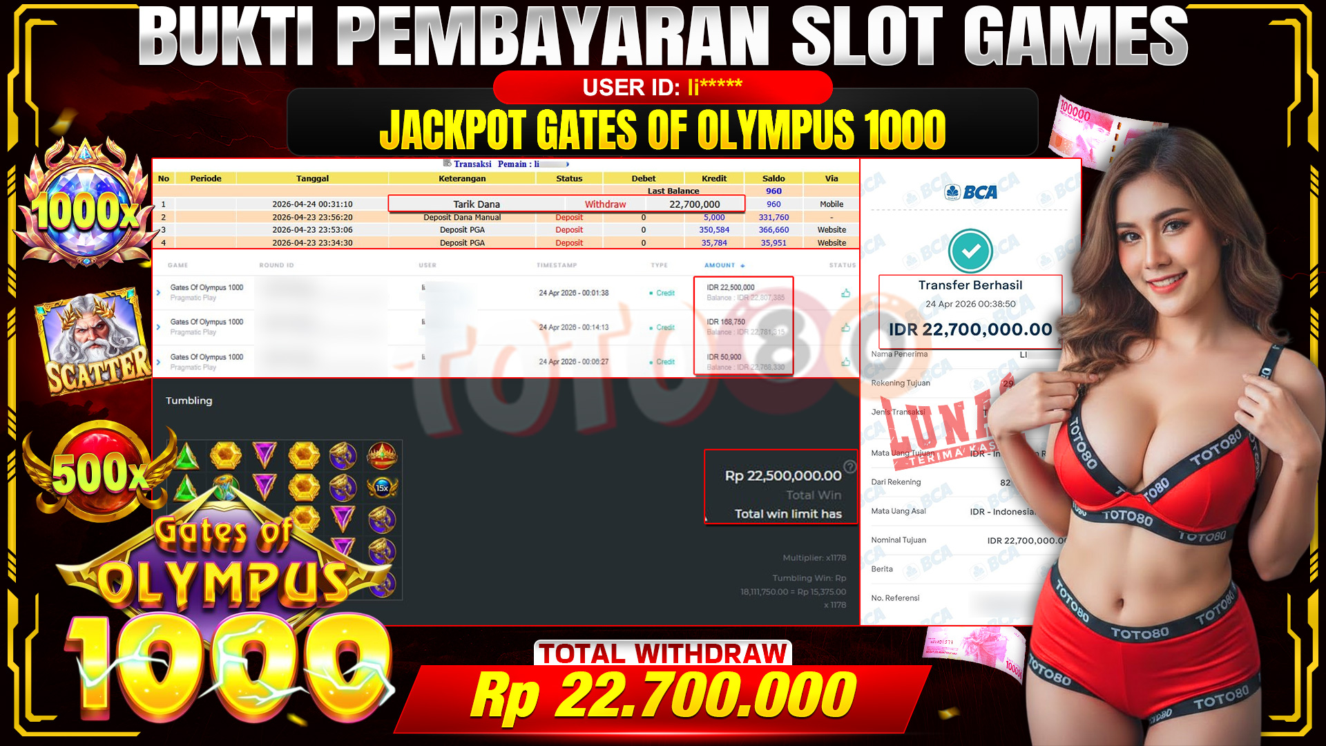 💰🎉 TOTO80 – JACKPOT SLOT GATES OF OLYMPUS 1000 RP. 22,700,000,- TELAH DIBAYARKAN!💰🎉