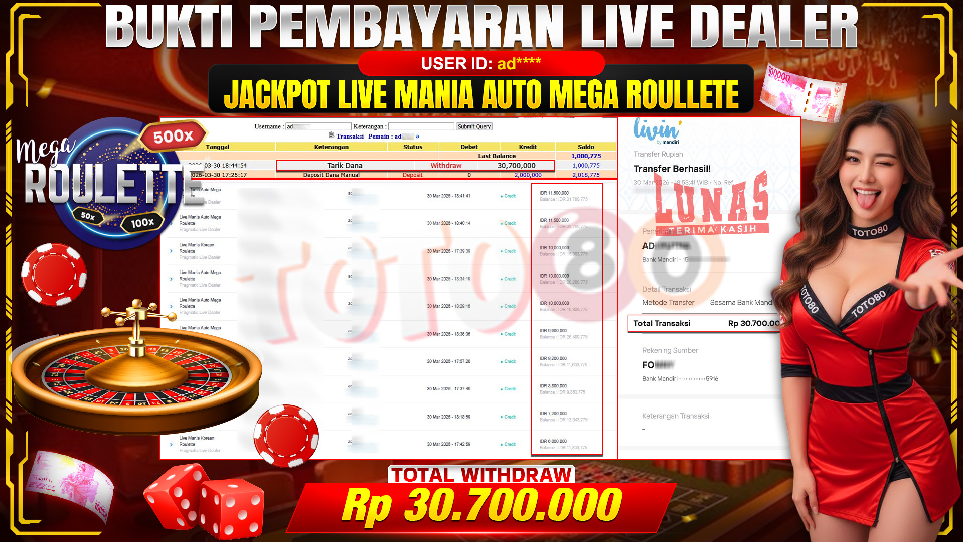 💰🎉 TOTO80 – JACKPOT LIVE MANIA AUTO MEGA ROULLETE RP. 30,700,000,- TELAH DIBAYARKAN! 💰🎉