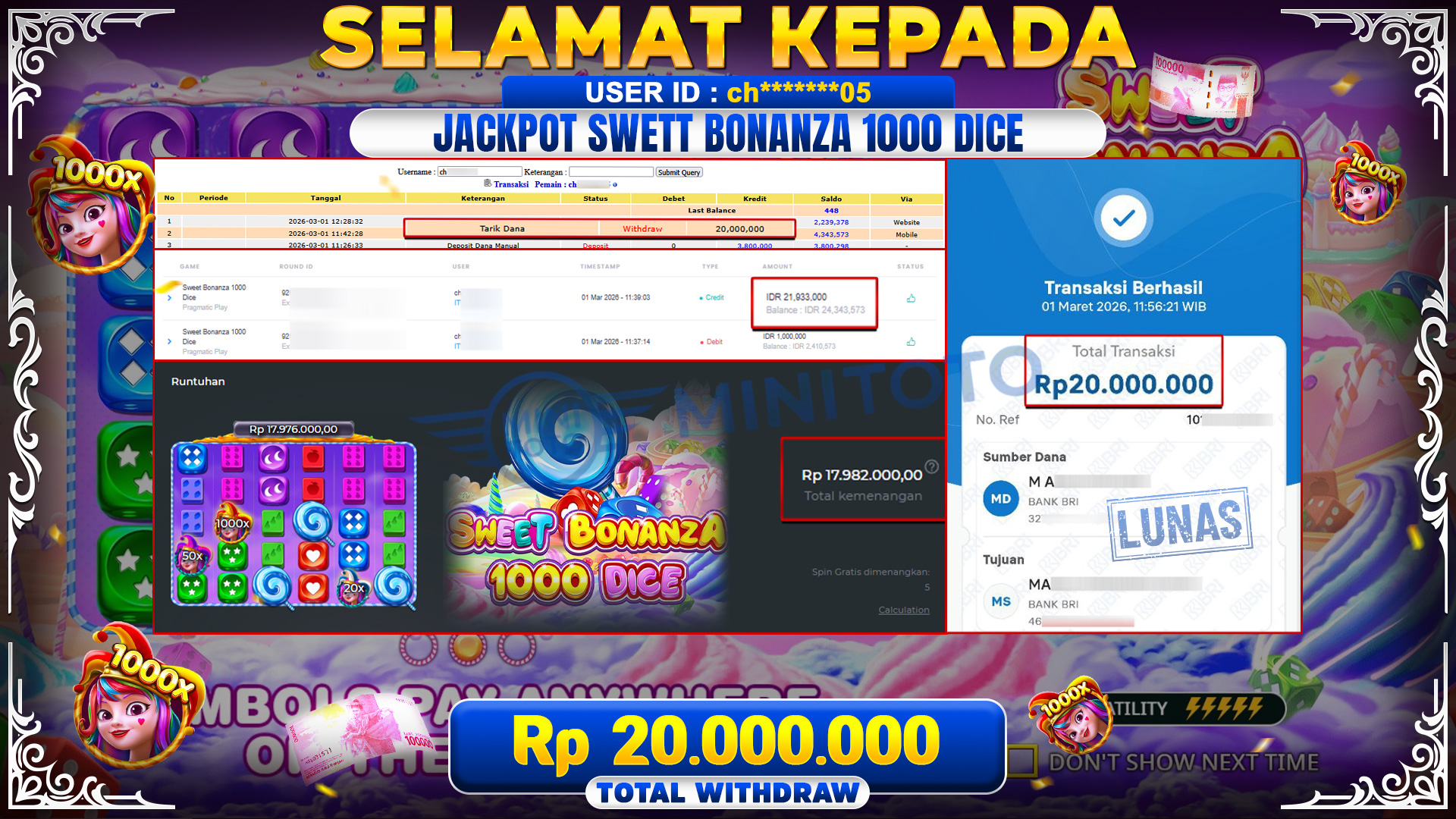 BUKTI JACPOT Sweet Bonanza 1000 Dice - Pragmatic Play