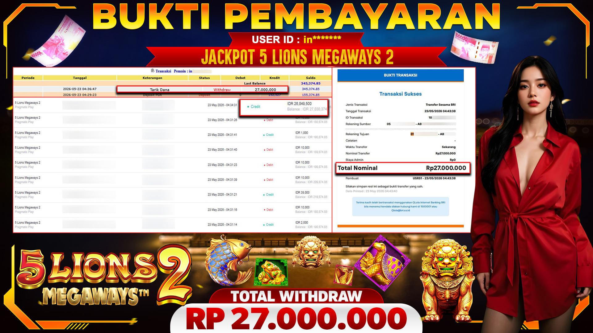 🏆 SELAMAT KEPADA PEMENANG JACKPOT DI 5 Lions Megaways 2 - Pragmatic Play 27,000,000🏆