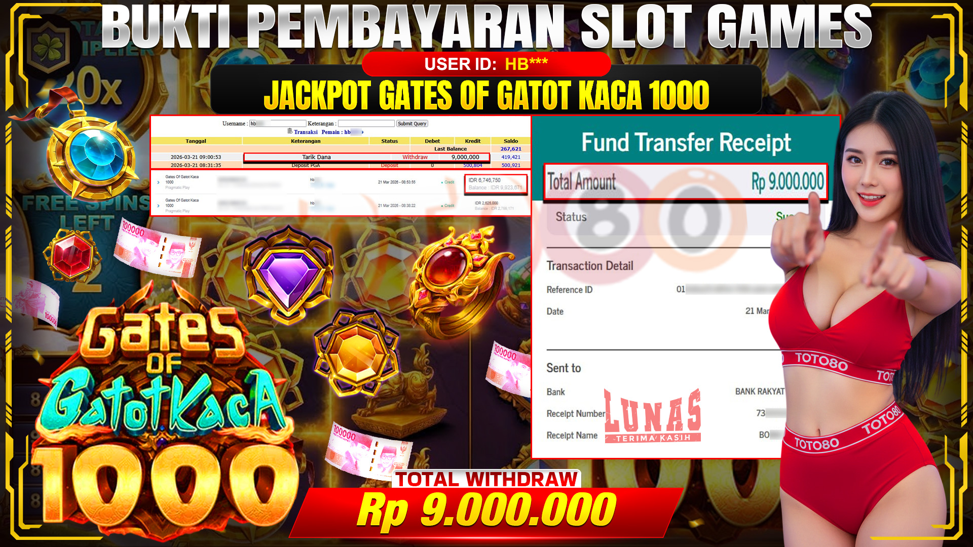 🎉💰 TOTO80 – JACKPOT SLOT GATES OF GATOT KACA 1000 RP. 9,000,000,- TELAH DIBAYARKAN! 🎉💰