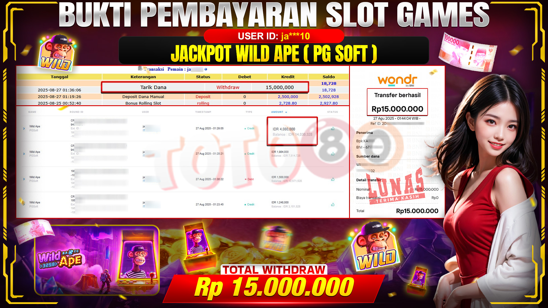 🎉 TOTO80 – JACKPOT WILD APE (PG SOFT) =RP.15,000,000,- TELAH DIBAYARKAN! 🎉
