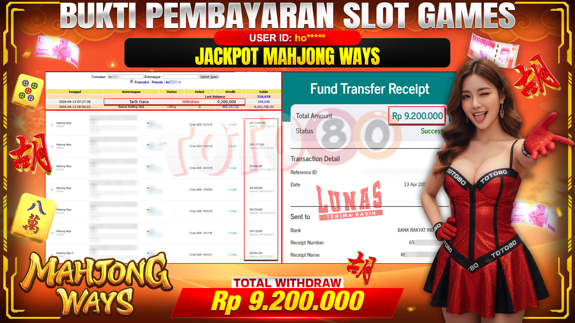 💰🎉 TOTO80 – JACKPOT SLOT MAHJONG WAYS  RP. 9,200,000,-  TELAH DIBAYARKAN!💰🎉