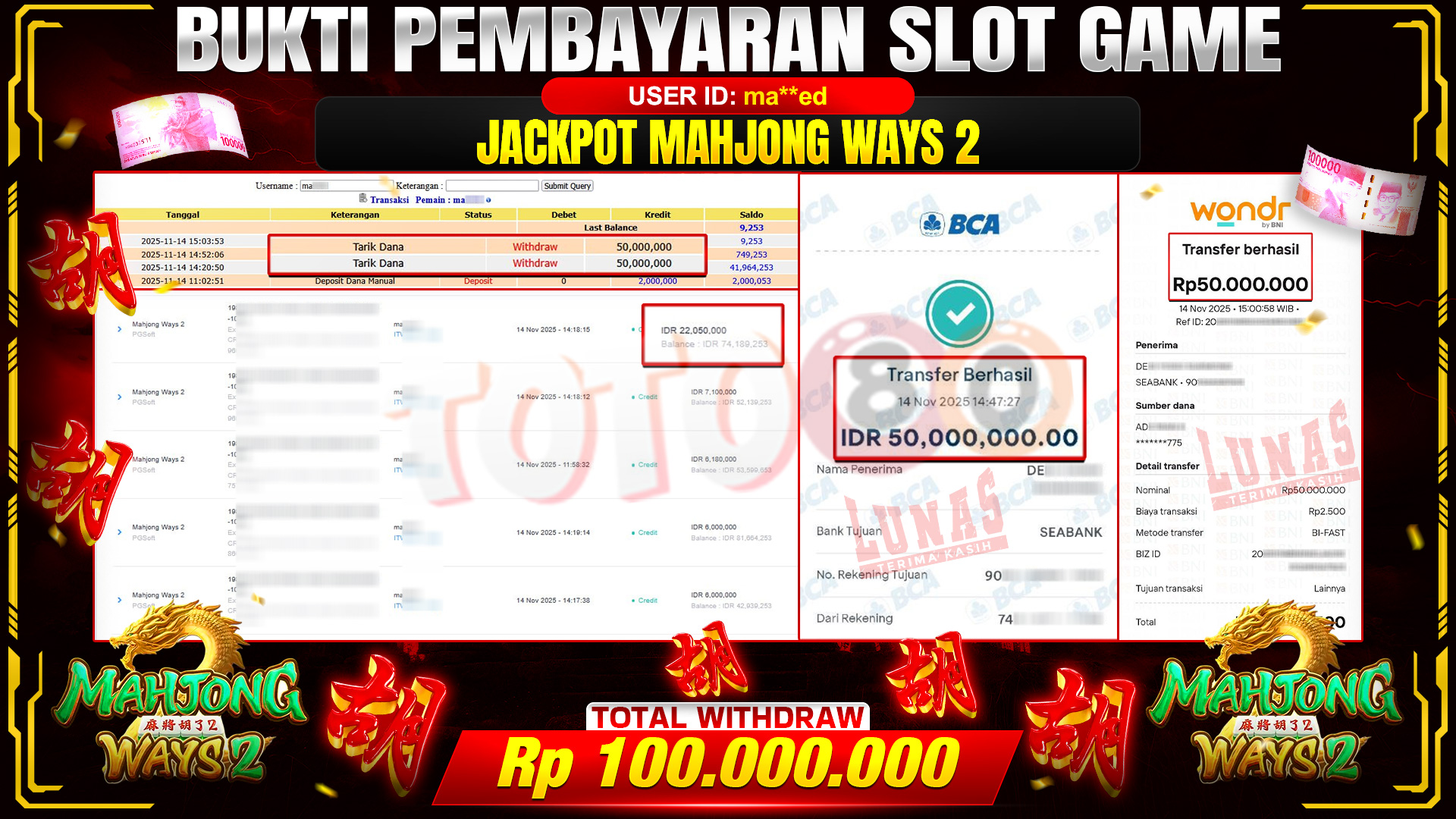 🎉 TOTO80 – JACKPOT SLOT MAHJONG WAYS 2 RP.100,000,000,- TELAH DIBAYARKAN! 🎉