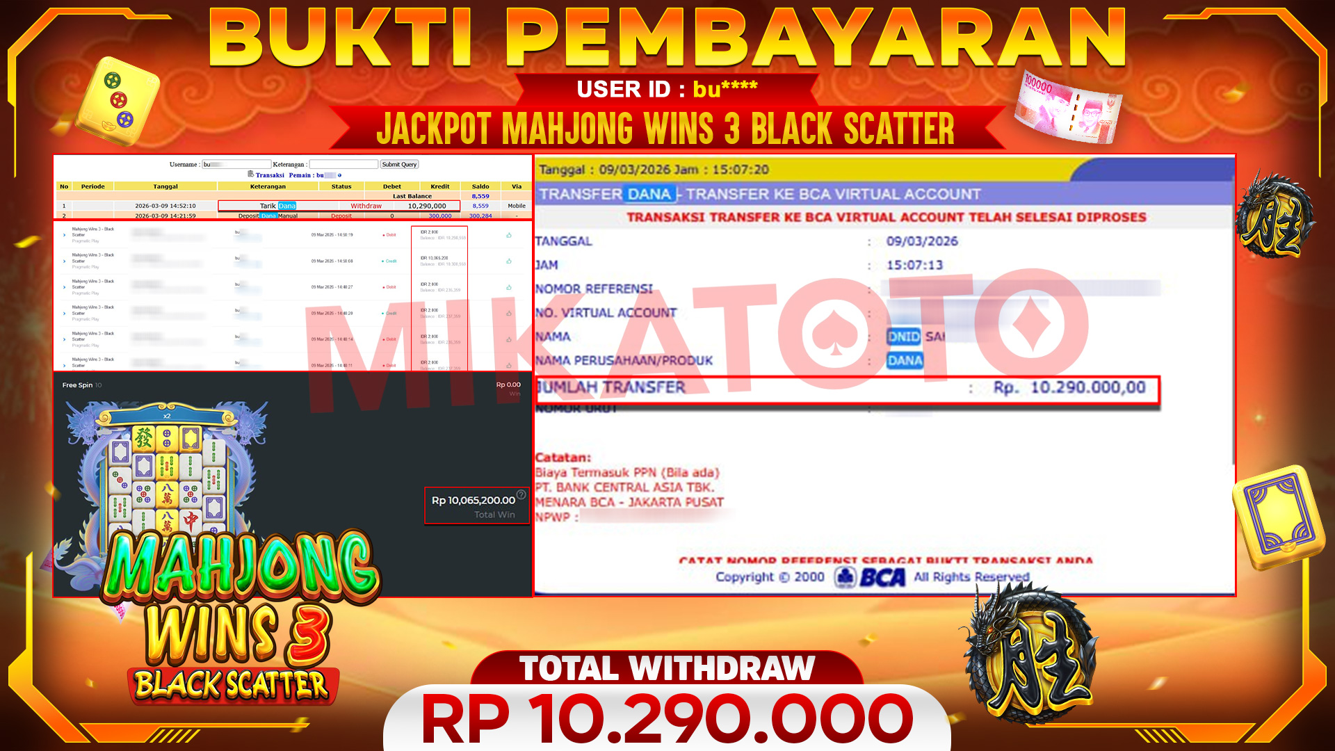 🏆 SELAMAT KEPADA PEMENANG JACKPOT DI Mahjong Wins 3 - Black Scatter - Pragmatic Play 10,290.000🏆