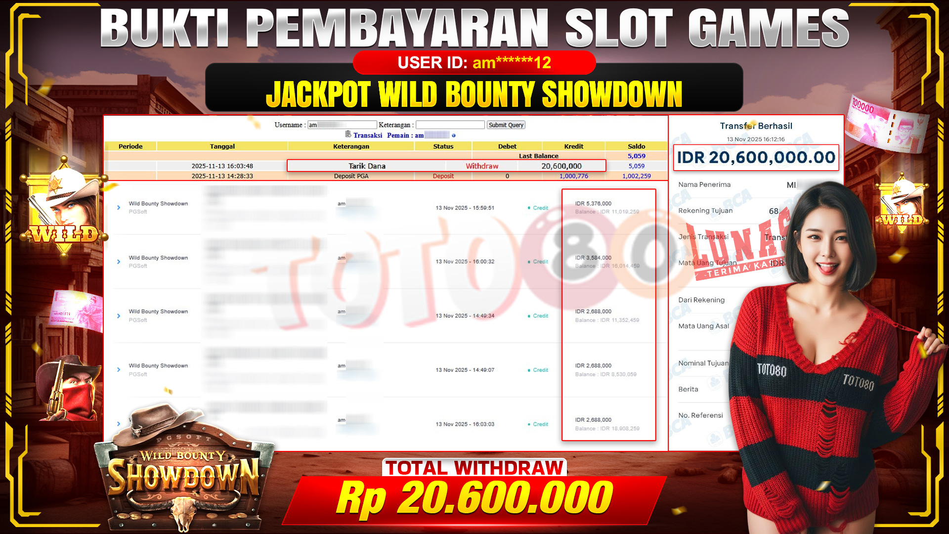 🎉 TOTO80 – JACKPOT SLOT WILD BOUNTY SHOWDOWN RP.20,600,000,- TELAH DIBAYARKAN! 🎉