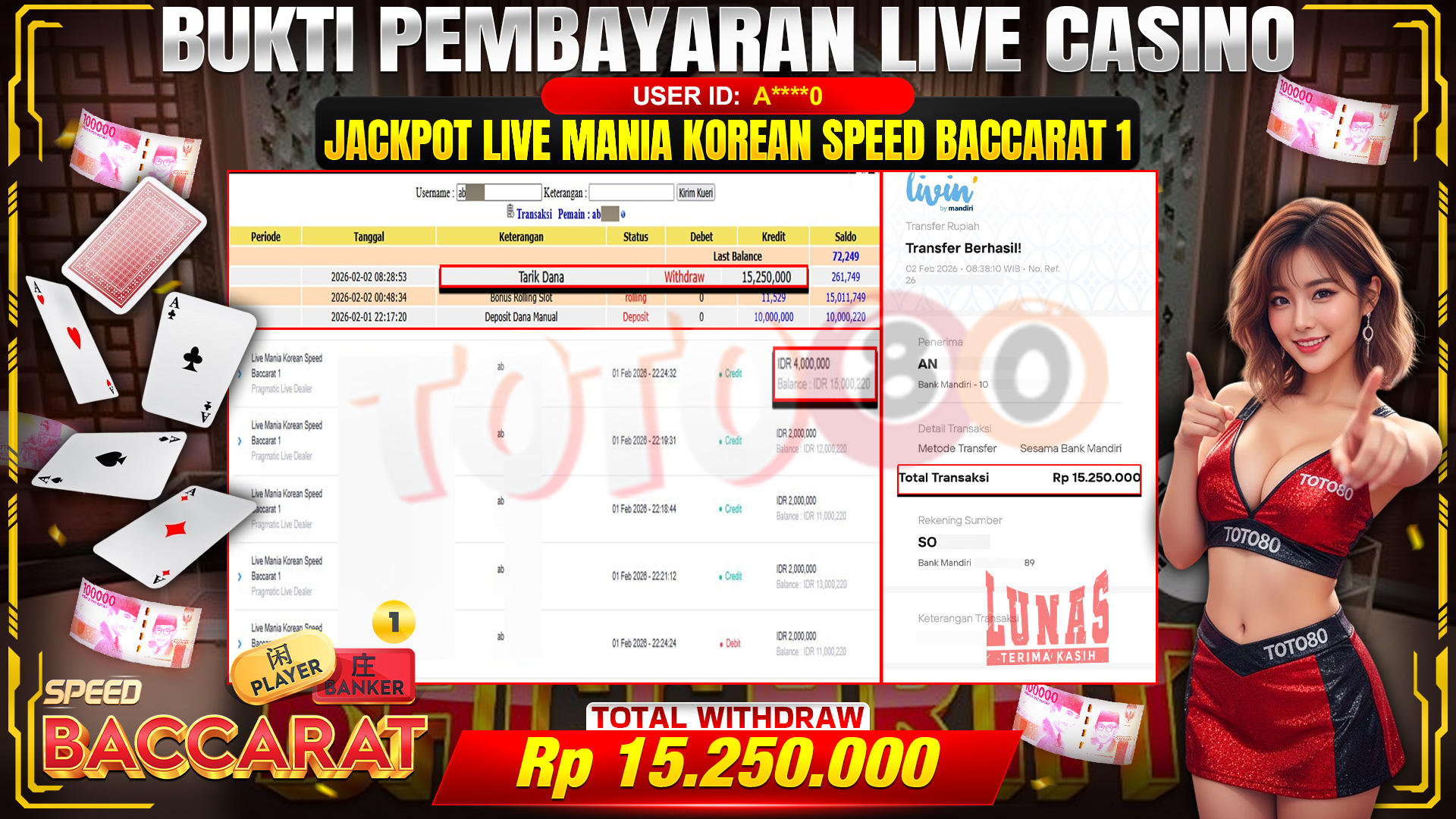 🎉 TOTO80 – JACKPOT LIVE MANIA KOREAN SPEED BACCARAT 1 RP.15,250,000,- TELAH DIBAYARKAN! 🎉
