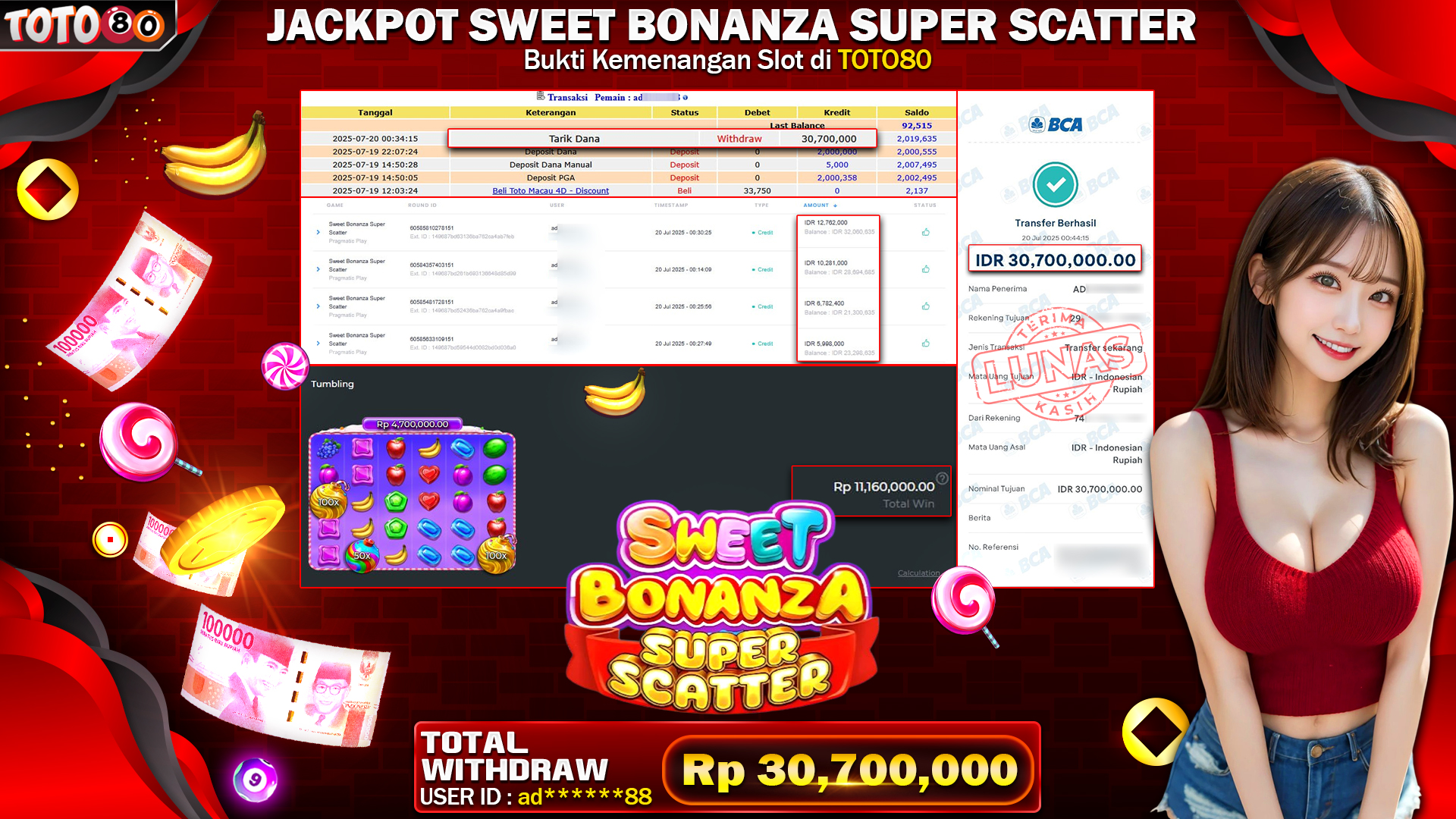 🎉 TOTO80 – JACKPOT SLOT SWEET BONANZA SUPER SCATTER RP.30,700,000,- TELAH DIBAYARKAN! 🎉
