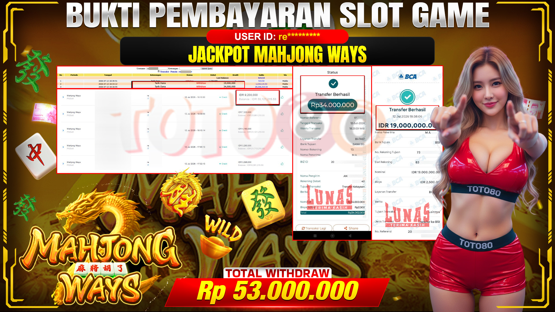 💰🎉 TOTO80 – JACKPOT SLOT MAHJONG  WAYS  RP. 53,000,000,-   TELAH DIBAYARKAN!💰🎉