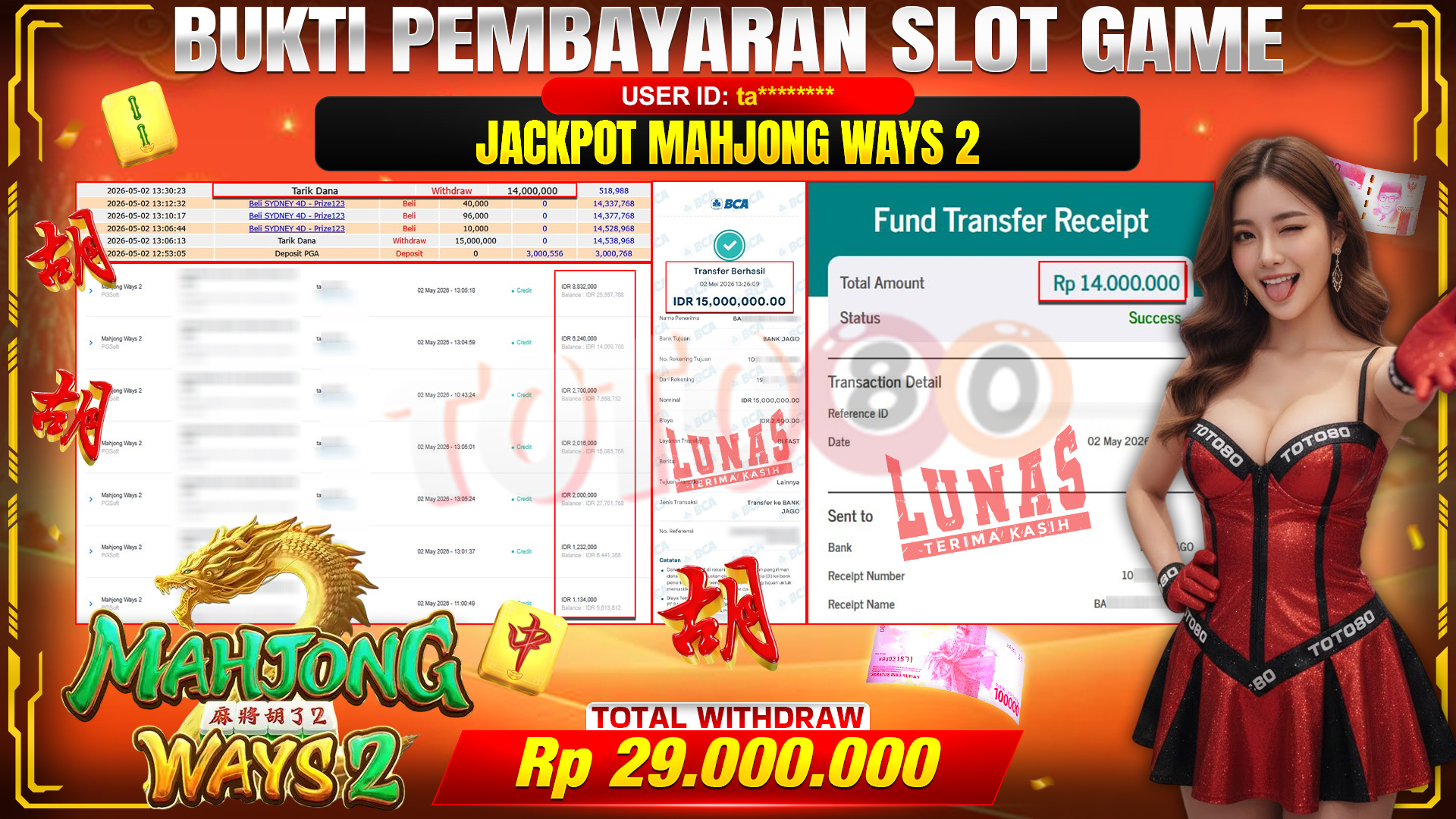 💰🎉  TOTO80 – JACKPOT SLOT MAHJONG WAYS 2 RP. 29,000,000,- TELAH DIBAYARKAN! 💰🎉 