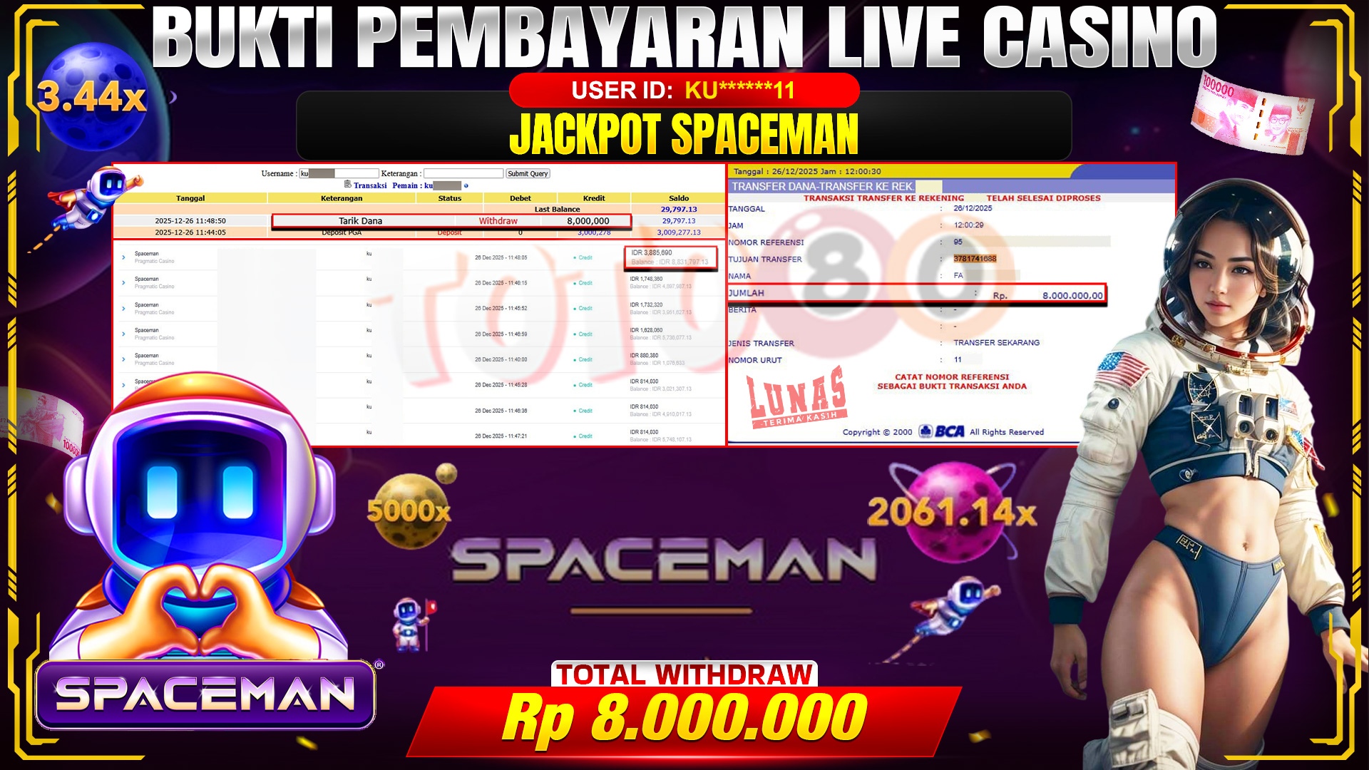 🎉 TOTO80 – JACKPOT SPACEMAN RP. 8,000,000,- TELAH DIBAYARKAN! 🎉