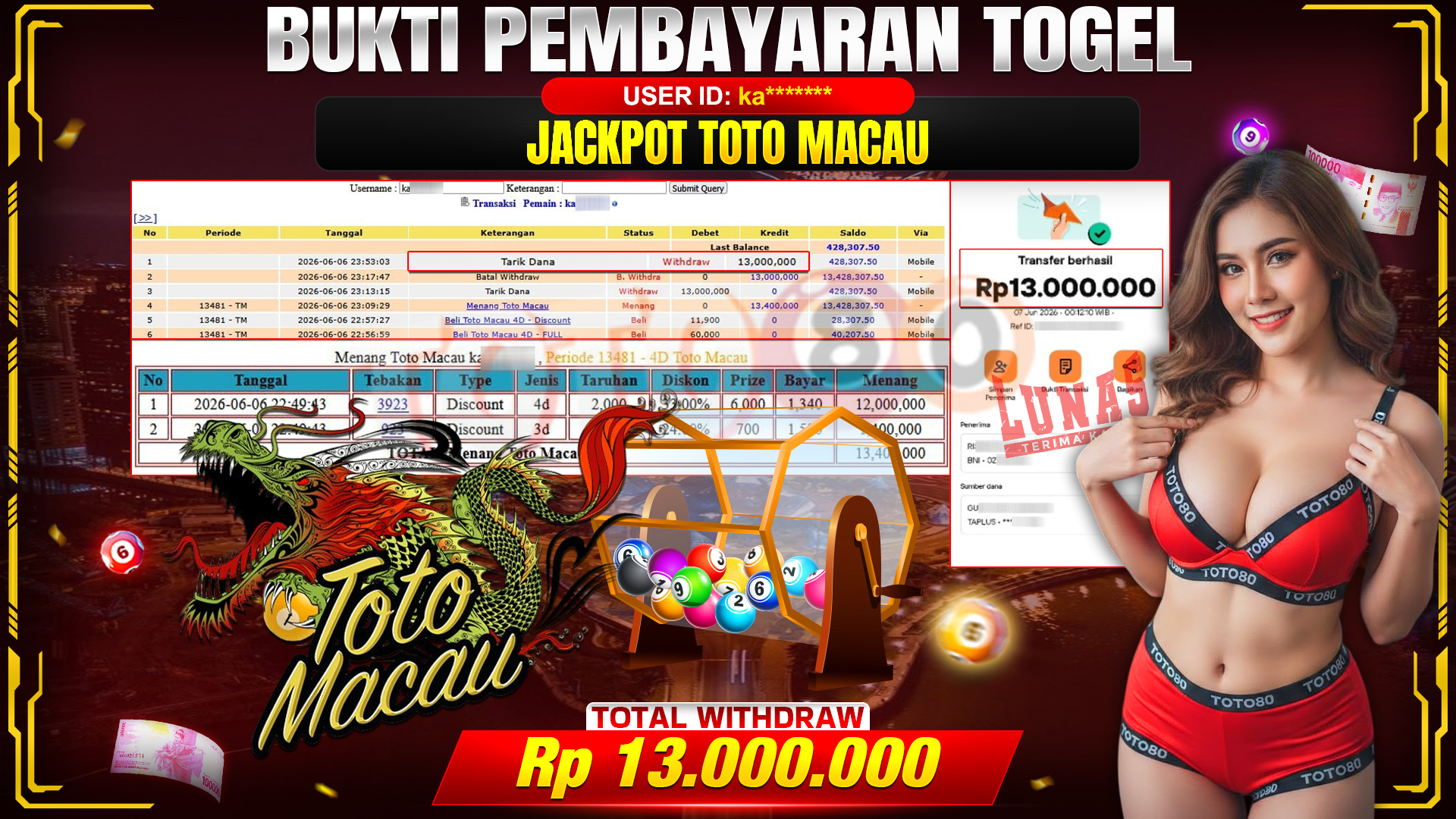 💰🎉 TOTO80 – JACKPOT TOGEL TOTO MACAU 4D RP. 13,000,000,- TELAH DIBAYARKAN!💰🎉