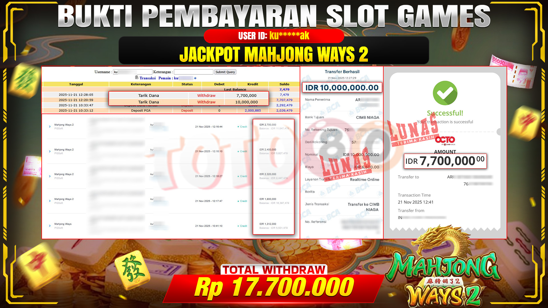 🎉 TOTO80 – JACKPOT SLOT MAHJONG WAYS 2 RP.17,700,000,- TELAH DIBAYARKAN! 🎉