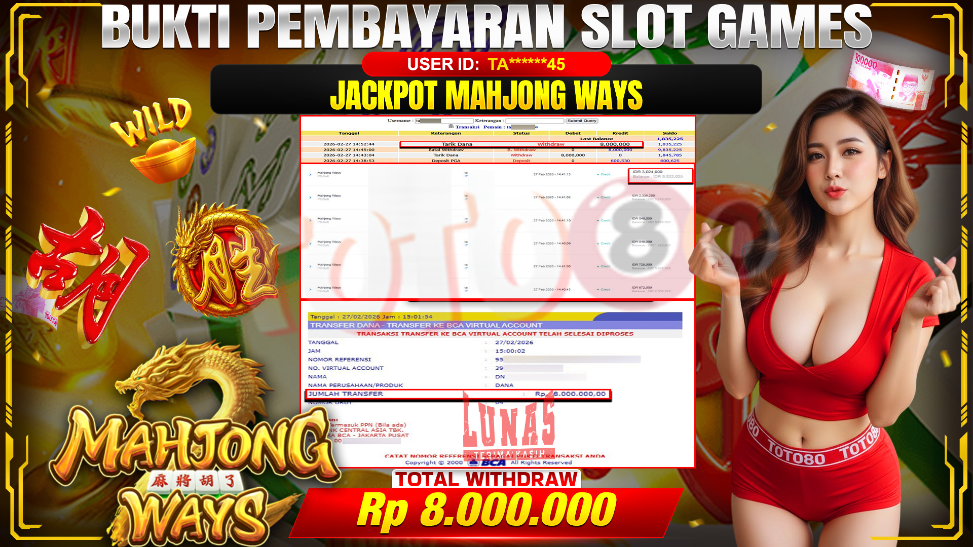 🎉 TOTO80 – JACKPOT SLOT MAHJONG WAYS . RP. 8,000,000,- TELAH DIBAYARKAN! 🎉