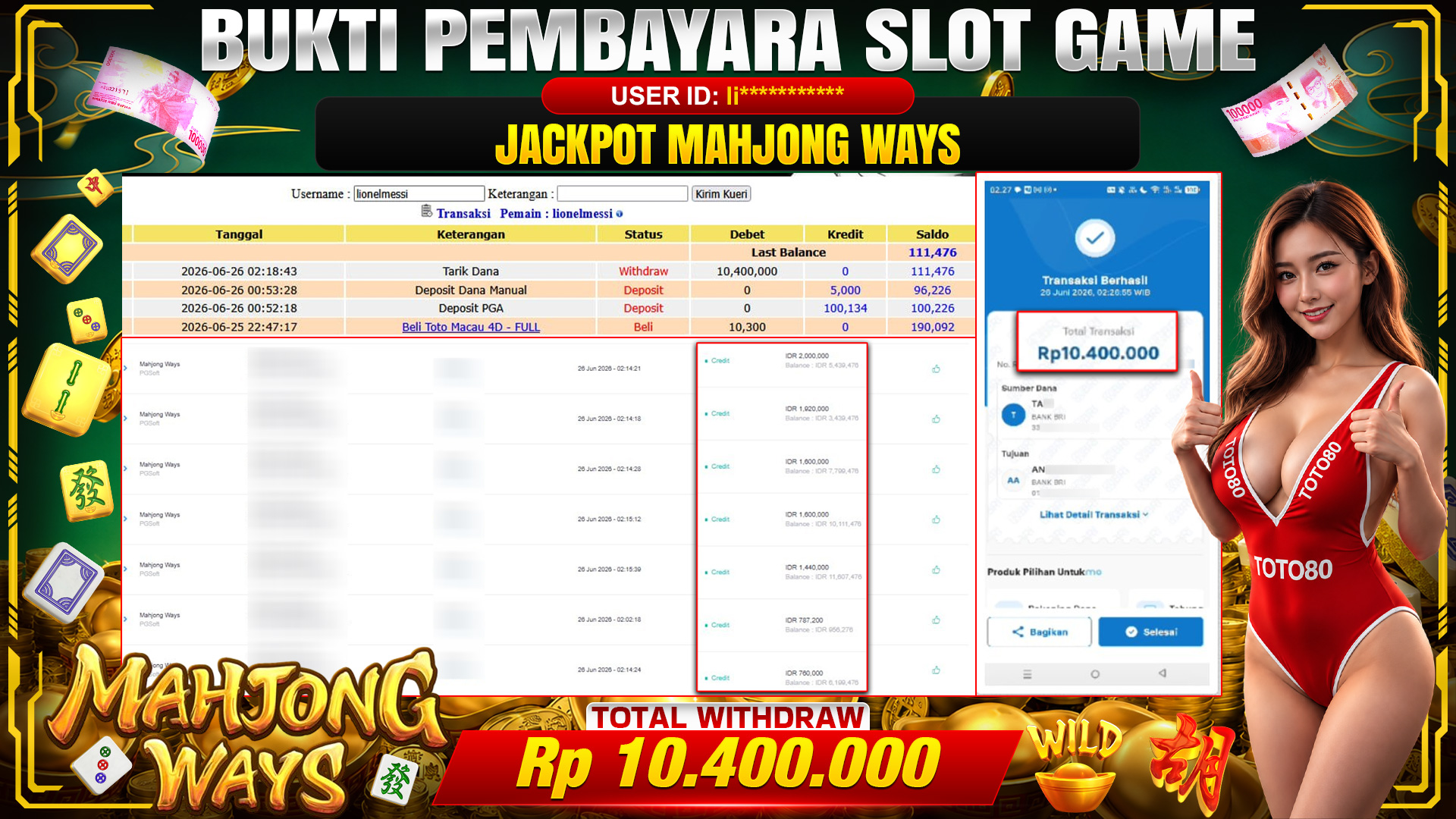 💰🎉 TOTO80 – JACKPOT SLOT MAHJONG  WAYS  RP. 10,400,000,-   TELAH DIBAYARKAN!💰🎉