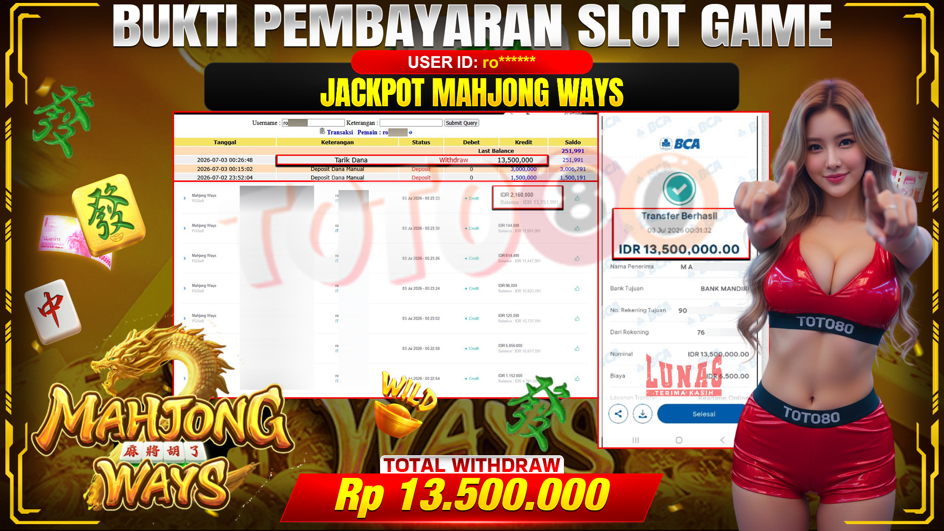 💰🎉 TOTO80 – JACKPOT SLOT MAHJONG  WAYS  RP. 13.500,000,-   TELAH DIBAYARKAN!💰🎉