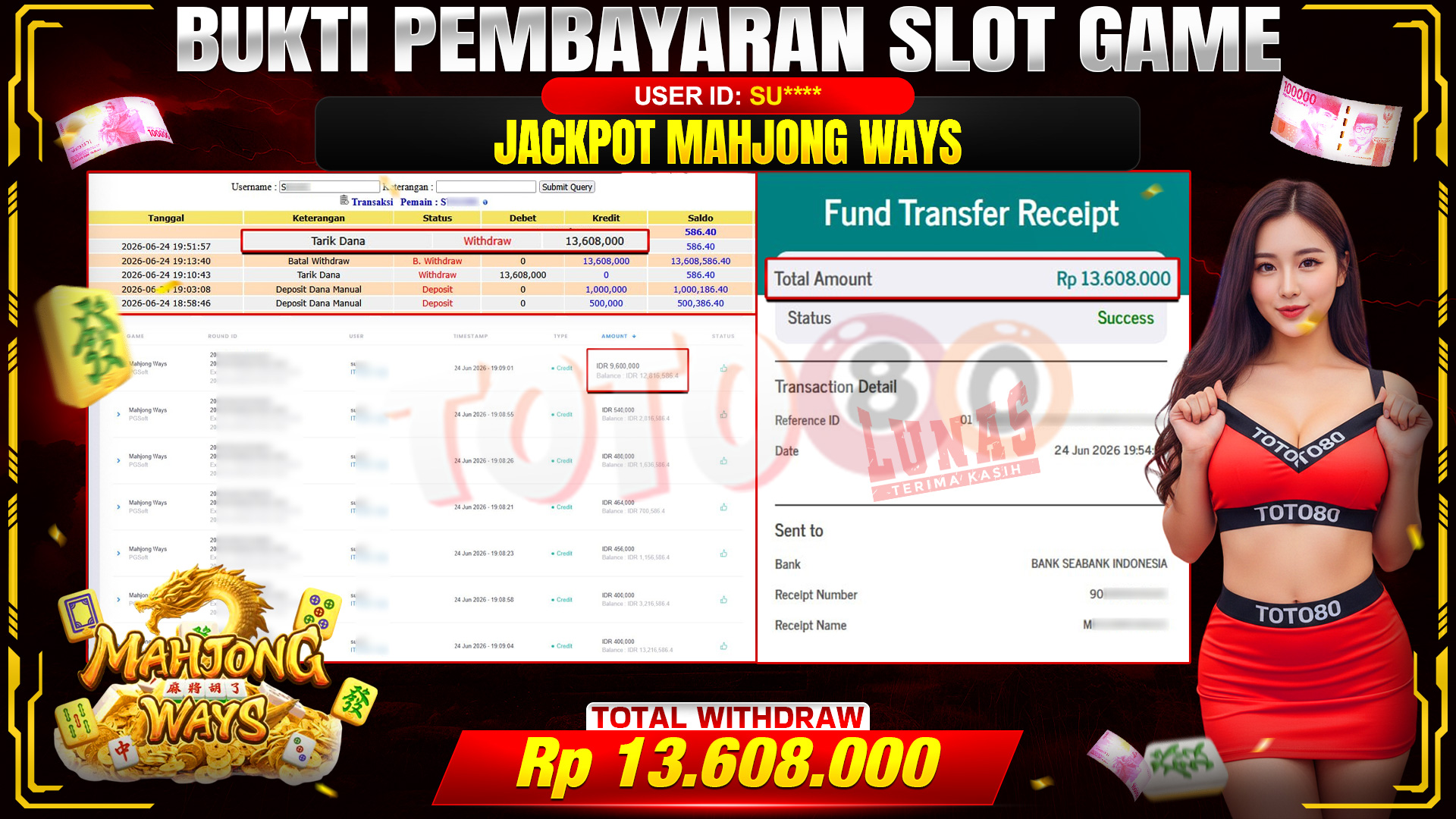 💰🎉 TOTO80 – JACKPOT SLOT MAHJONG  WAYS  RP. 13.608,000,-   TELAH DIBAYARKAN!💰🎉