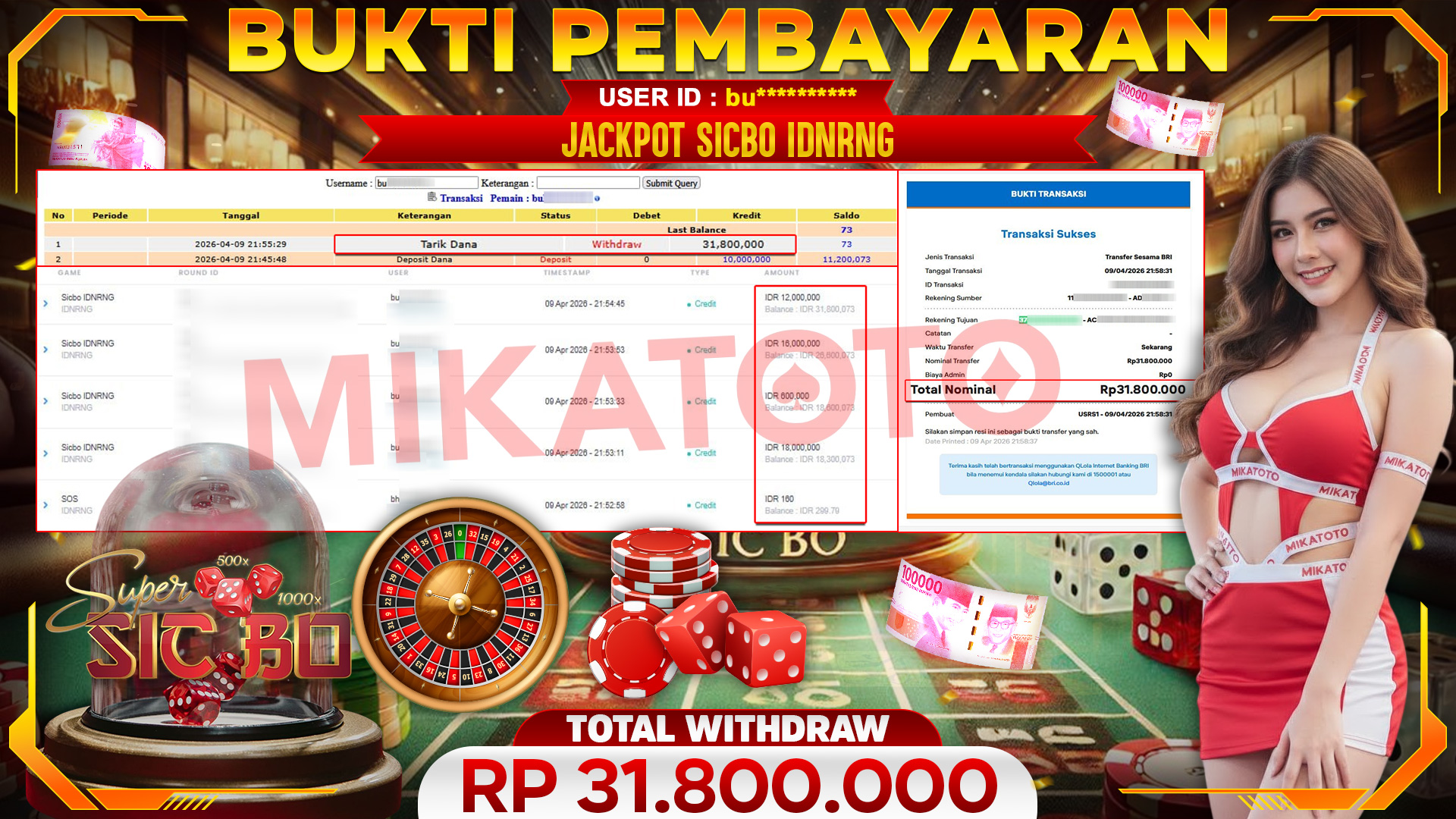 🏆 SELAMAT KEPADA PEMENANG JACKPOT Sicbo IDNRNG - IDNRNG 31,800,000🏆