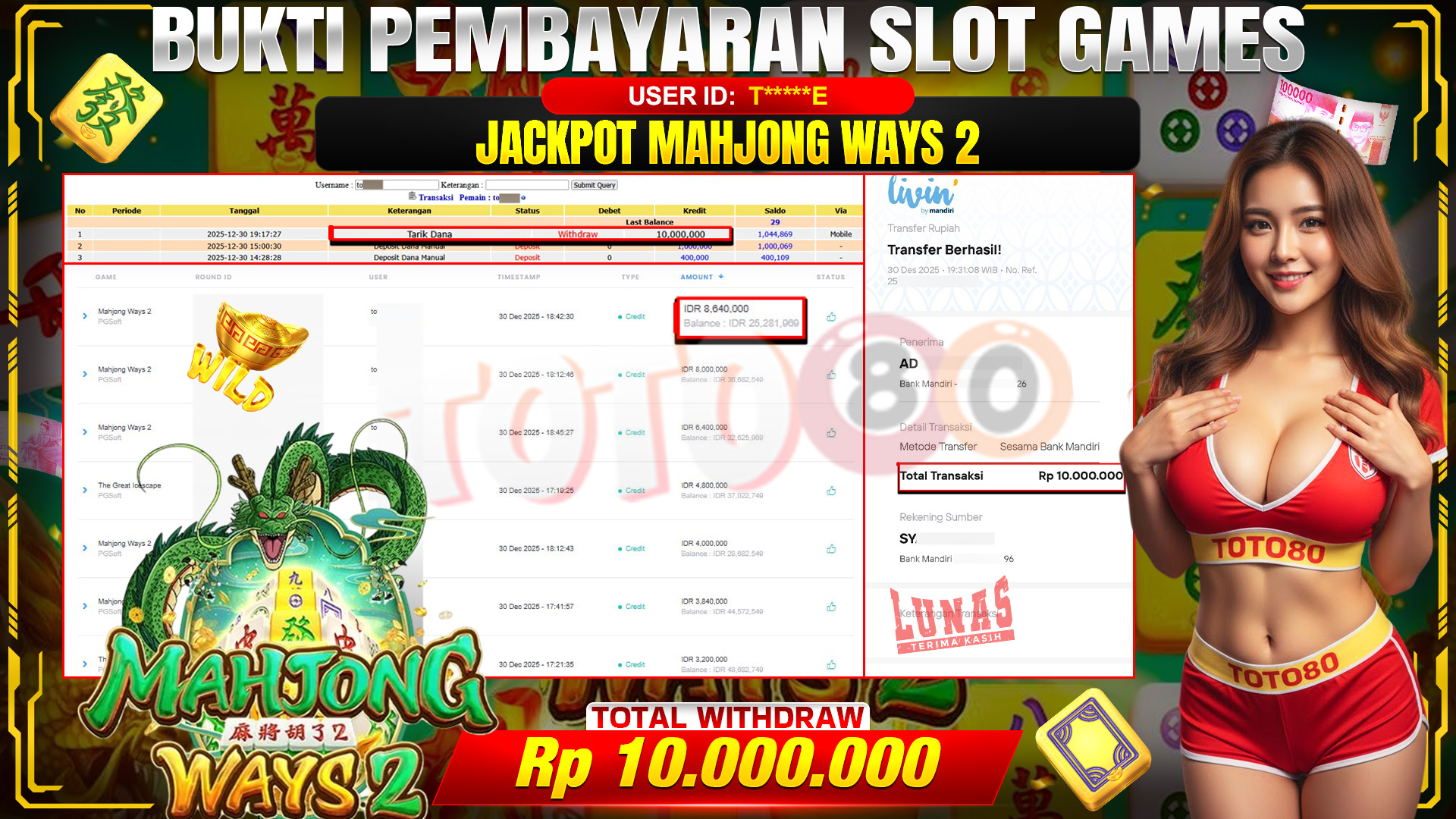 🎉 TOTO80 – JACKPOT SLOT MAHJONG WAYS 2 RP.10,000,000,- TELAH DIBAYARKAN! 🎉