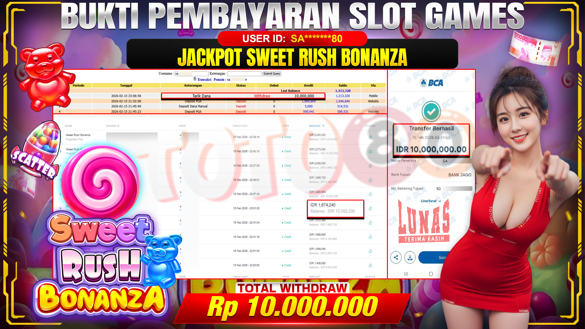 🎉 TOTO80 – JACKPOT SLOT SWEET RUSH BONANZA  RP. 10,000,000,- TELAH DIBAYARKAN! 🎉