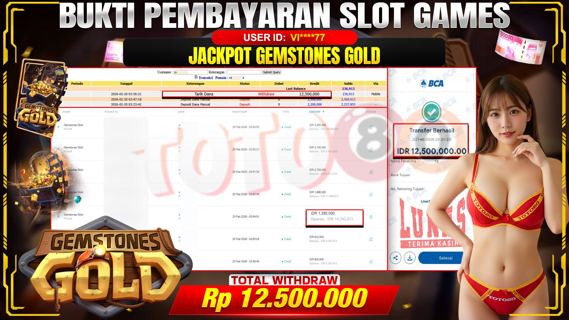 🎉 TOTO80 – JACKPOT SLOT GEMSTONES GOLD RP. 12,500,000,- TELAH DIBAYARKAN! 🎉