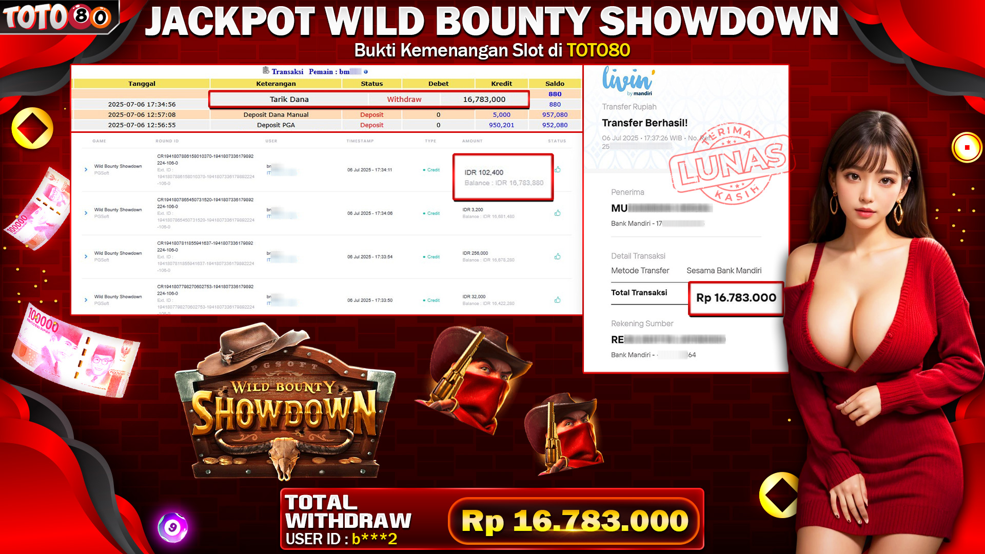 🎉 TOTO80 – JACKPOT SLOT WILD BOUNTY SHOWDOWN RP.16,783,000,- TELAH DIBAYARKAN! 🎉