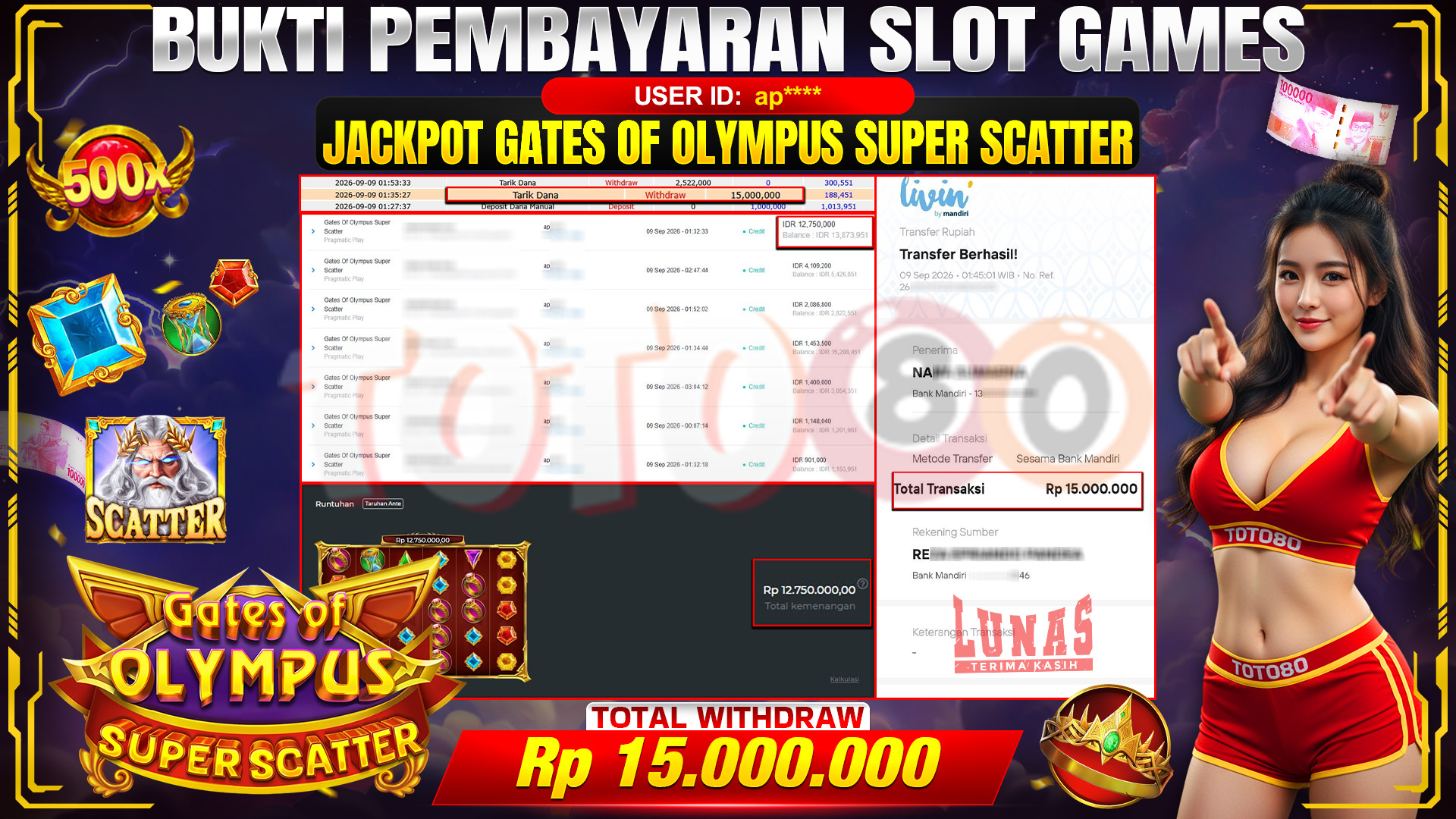 💰🎉 TOTO80 – JACKPOT SLOT GATES OF OLYMPUS  SUPER SCATTER  RP. 15,000,000,-  TELAH DIBAYARKAN!💰🎉