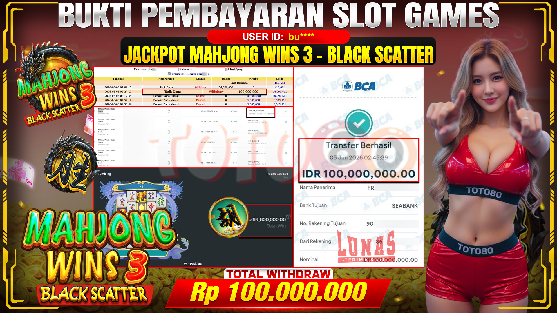 💰🎉 TOTO80 – JACKPOT MAHJONG WINS 3-BLACK SCATTER  RP. 100,000,000,-TELAH DIBAYARKAN! 💰🎉