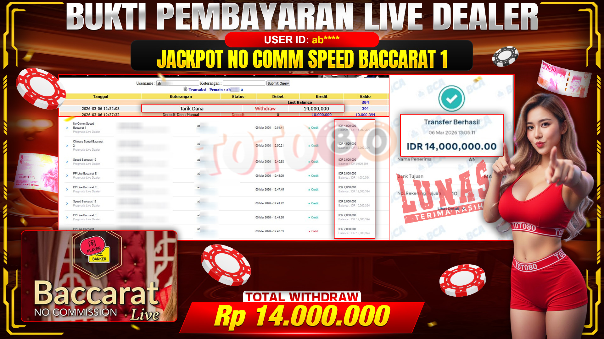 🎉 TOTO80 – JACKPOT LIVE DEALER NO COMM SPEED BACCARAT 1  RP. 14,000,000,- TELAH DIBAYARKAN! 🎉