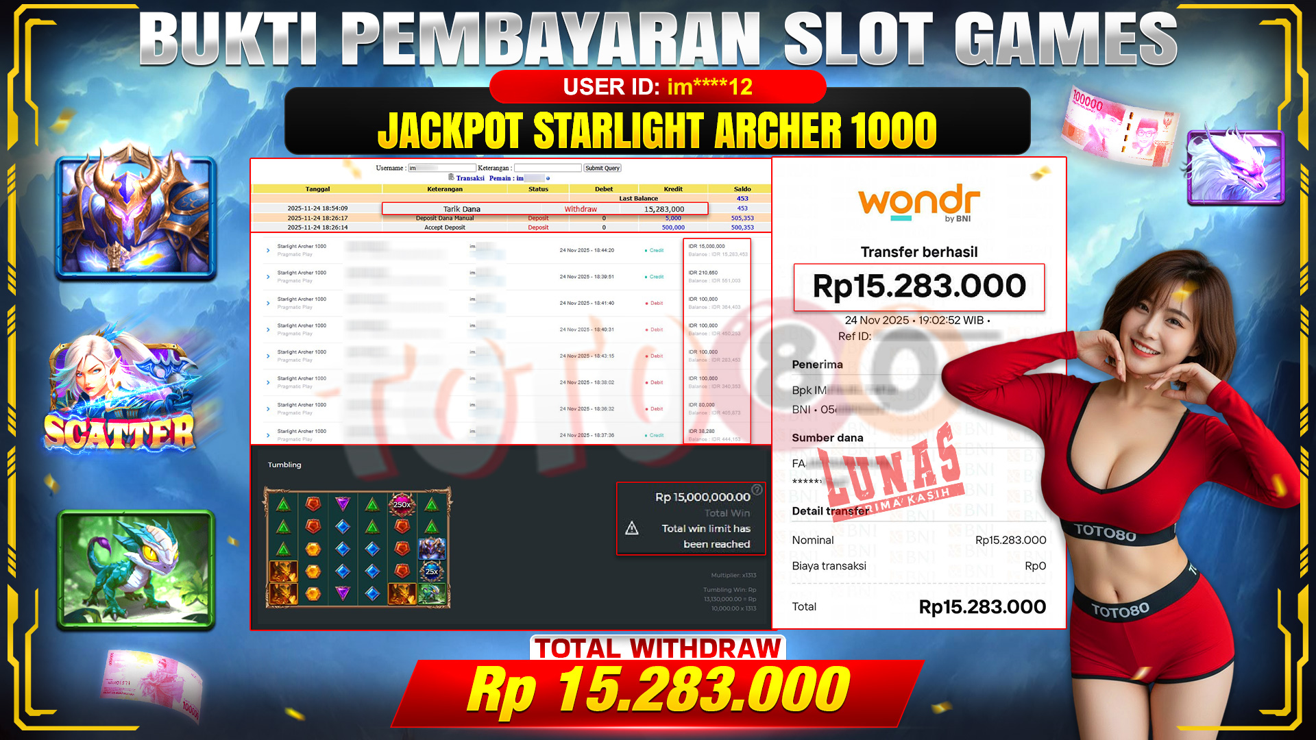 🎉 TOTO80 – JACKPOT SLOT STARLIGHT ARCHER 1000 RP. 15,283,000,- TELAH DIBAYARKAN! 🎉