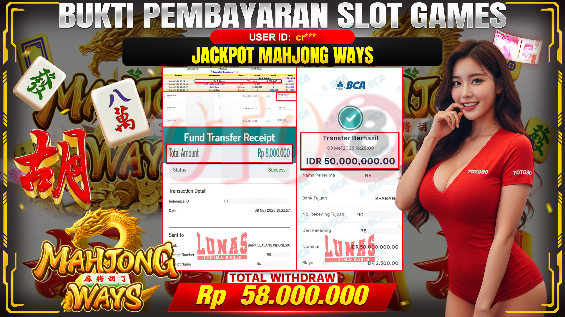 💰🎉 TOTO80 – JACKPOT SLOT MAHJONG WAYS RP. 58,000,000,- TELAH DIBAYARKAN!💰🎉