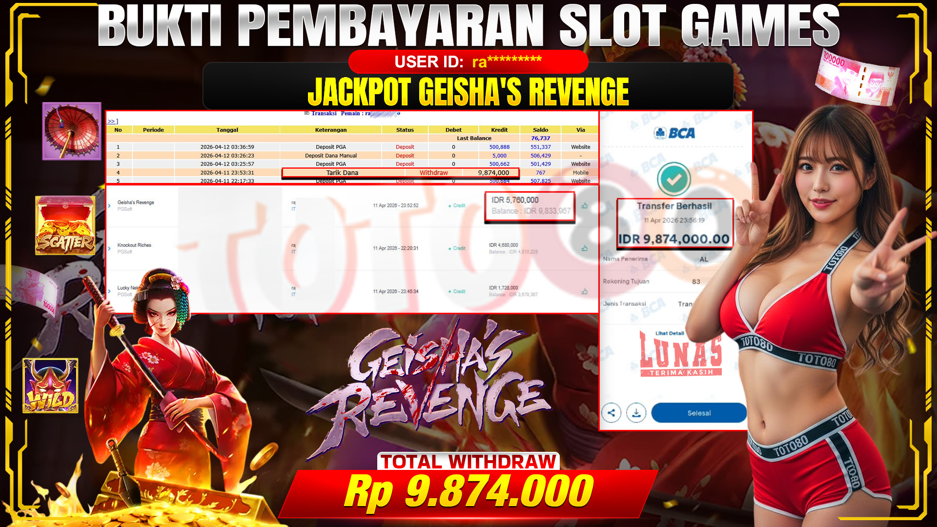 💰🎉 TOTO80 – JACKPOT GEISHA REVENGE . RP. 9,874,000,- TELAH DIBAYARKAN! 💰🎉