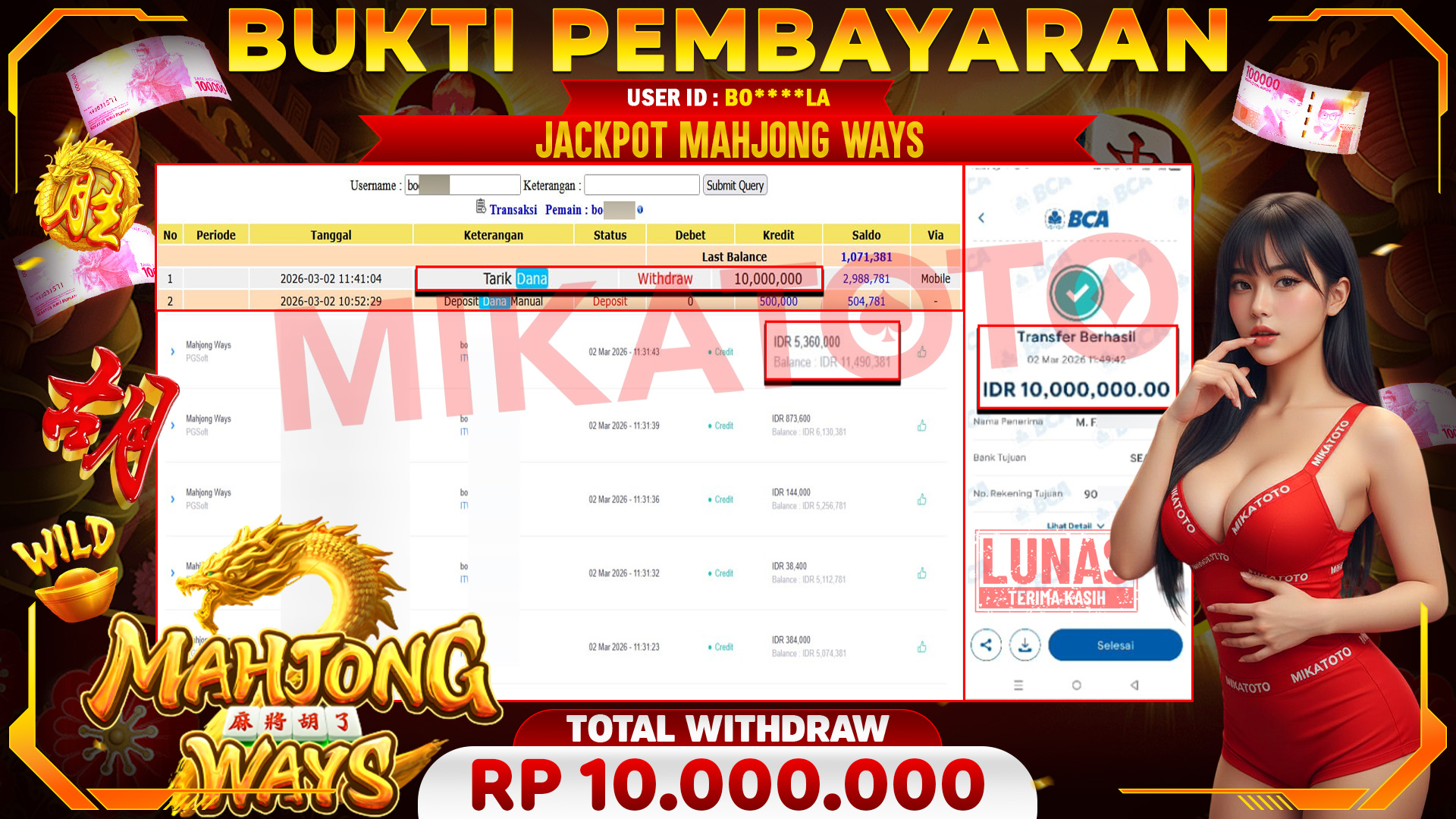 🏆 SELAMAT KEPADA PEMENANG JACKPOT DI Mahjong Ways - PGSoft 10,000.000🏆