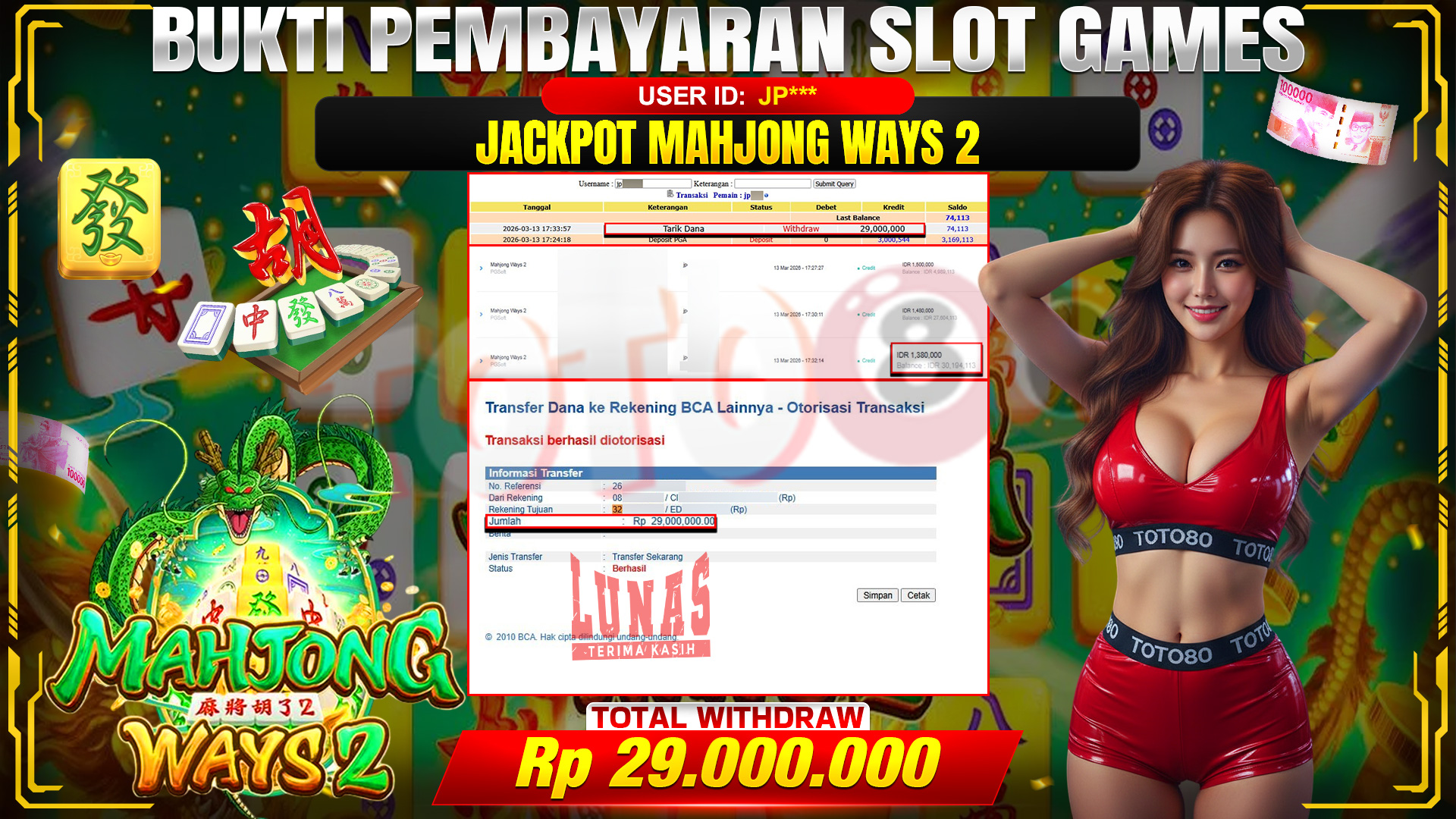 🎉 TOTO80 – JACKPOT SLOT MAHJONG WAYS 2 RP. 29,000,000,- TELAH DIBAYARKAN! 🎉