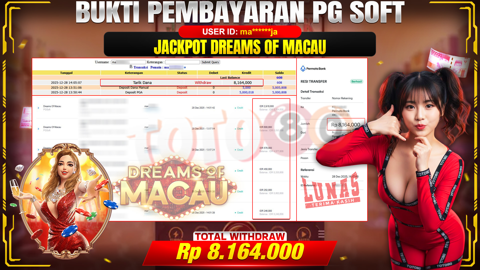 🎉 TOTO80 – JACKPOT SLOT DREAMS OF MACAU RP. 8,164,000,- TELAH DIBAYARKAN! 🎉