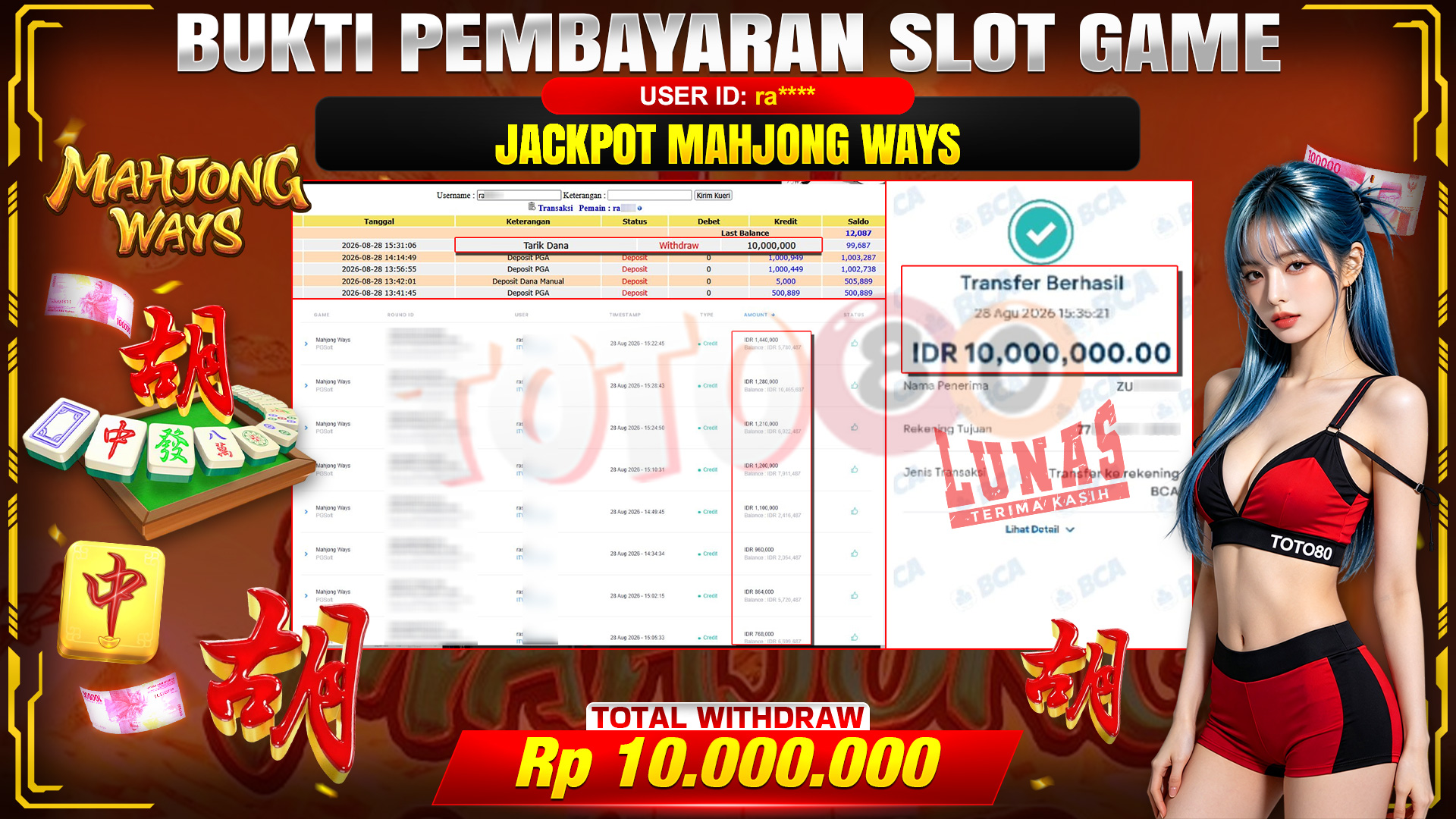 💰🎉 TOTO80 – JACKPOT SLOT MAHJONG  WAYS  RP. 10,000,000,-  TELAH DIBAYARKAN!💰🎉V
