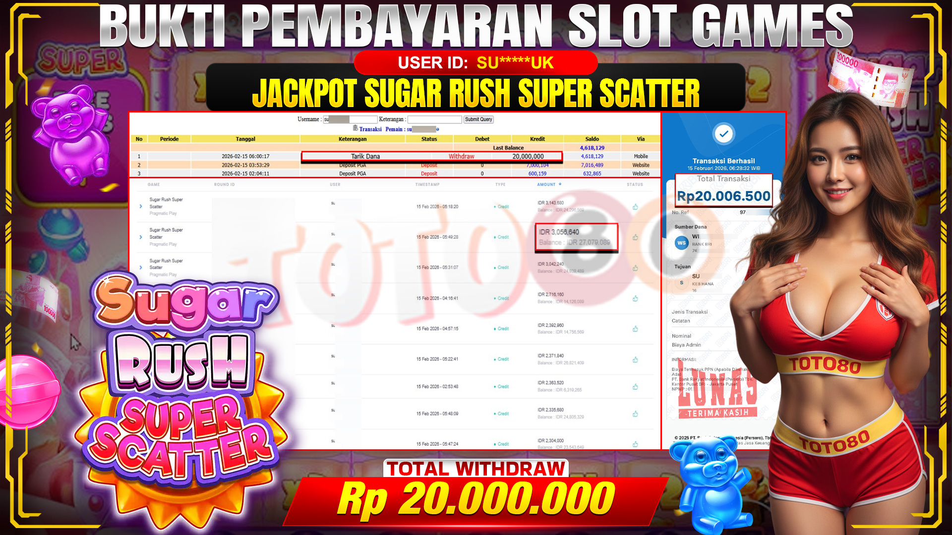 🎉 TOTO80 – JACKPOT SLOT SWEET RUSH BONANZA  RP. 20,000,000,- TELAH DIBAYARKAN! 🎉