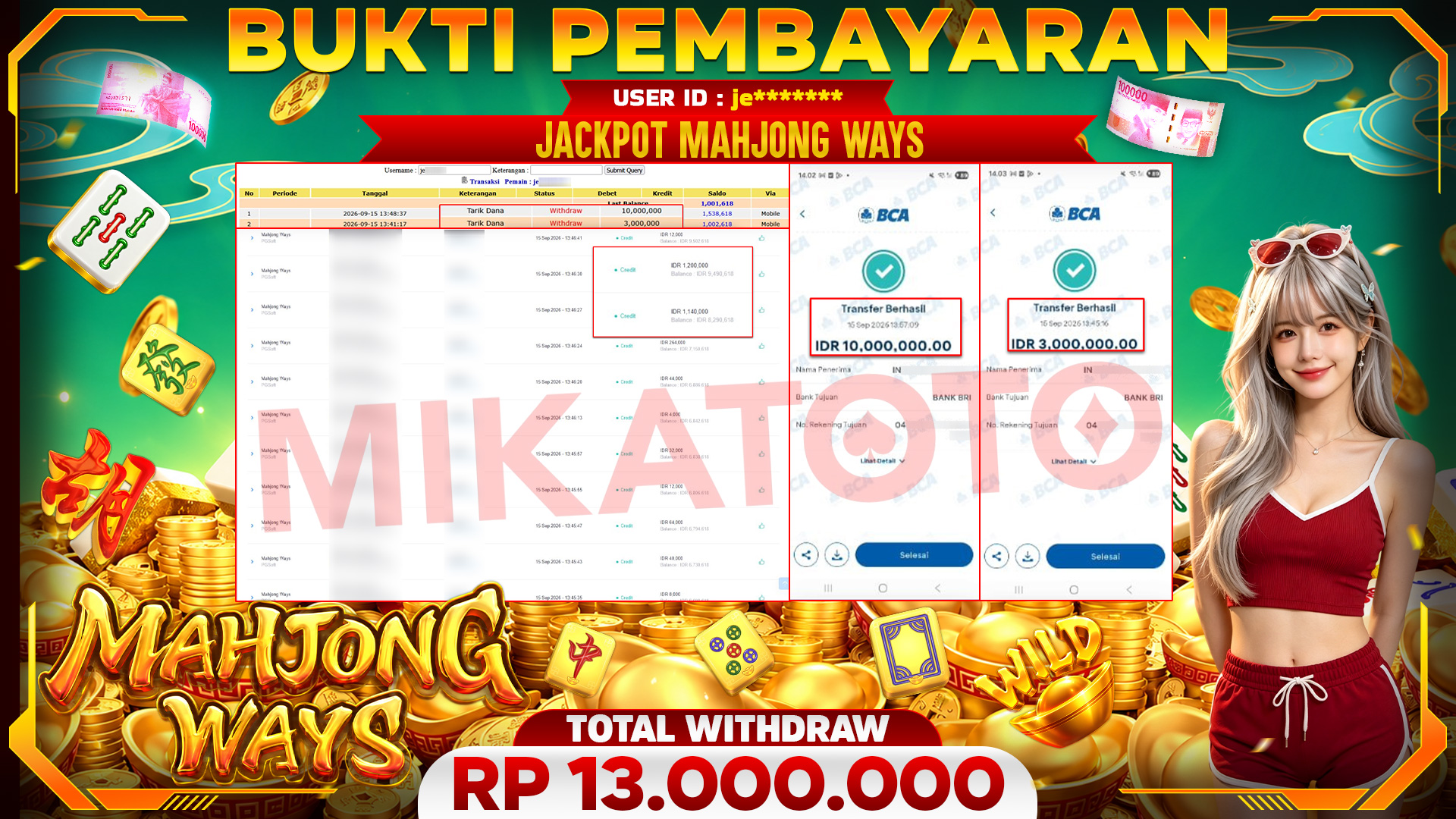 🏆 SELAMAT KEPADA PEMENANG JACKPOT DI Mahjong Ways  - PGSoft 13,000,000 🏆