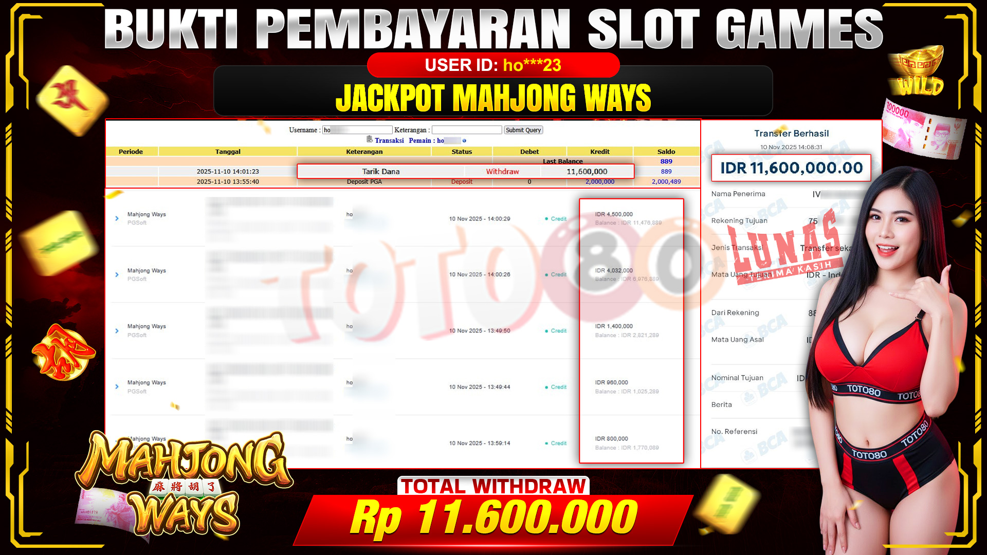 🎉 TOTO80 – JACKPOT SLOT MAHJONG WAYS RP.11.600.000,- TELAH DIBAYARKAN! 🎉