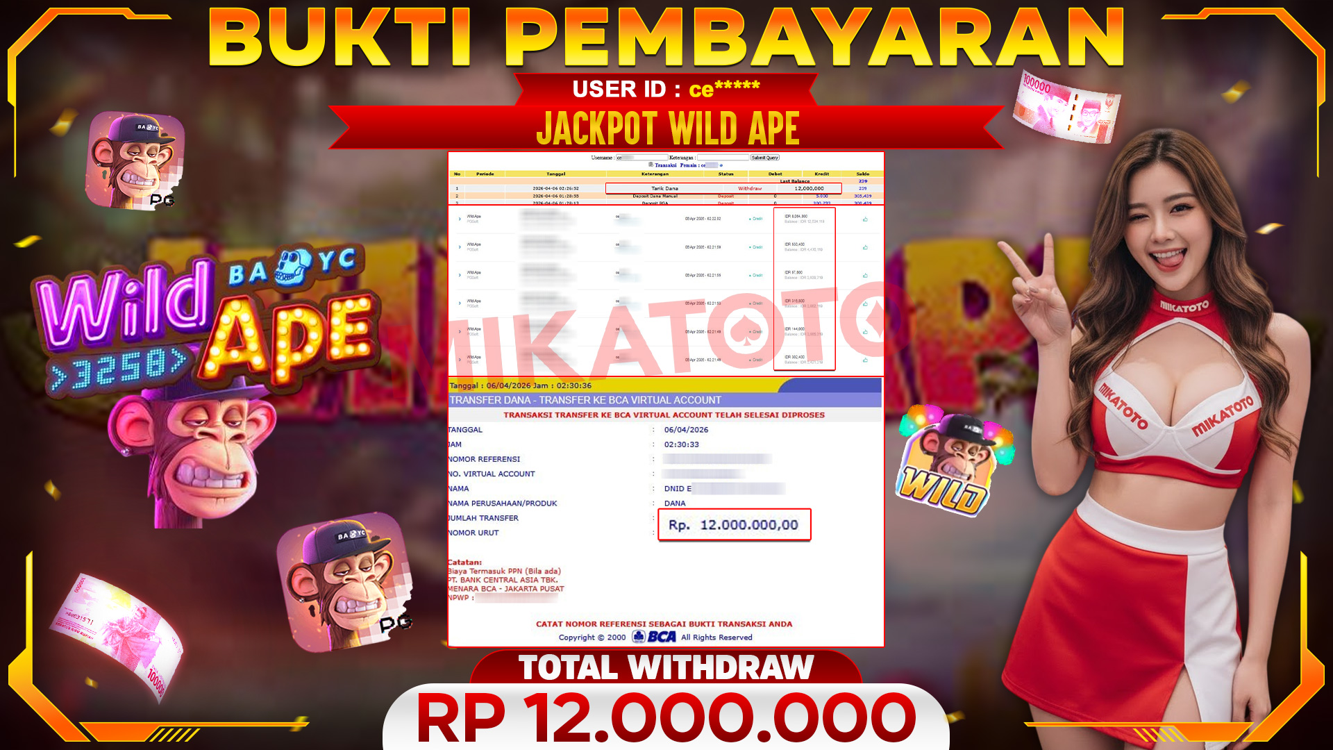 🏆 SELAMAT KEPADA PEMENANG JACKPOT DI Wild Ape - PGSoft 12,000,000🏆